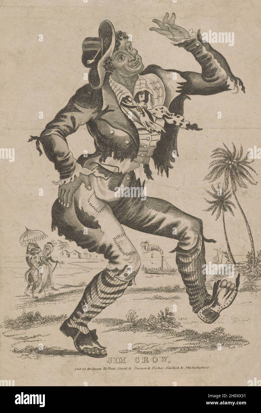 Vintage illustration circa 1835 entitled 'Jim Crow' based on the actor Thomas Dartmouth 'Daddy' Rice an American performer who performed in black face and dressed as 'Jim Crow' a character he created.   Rice also used a traditional slave song called 'Jump Jim Crow' the name became used for the 'Jim Crow laws' that enforced racial segregation in the Southern United States Stock Photo