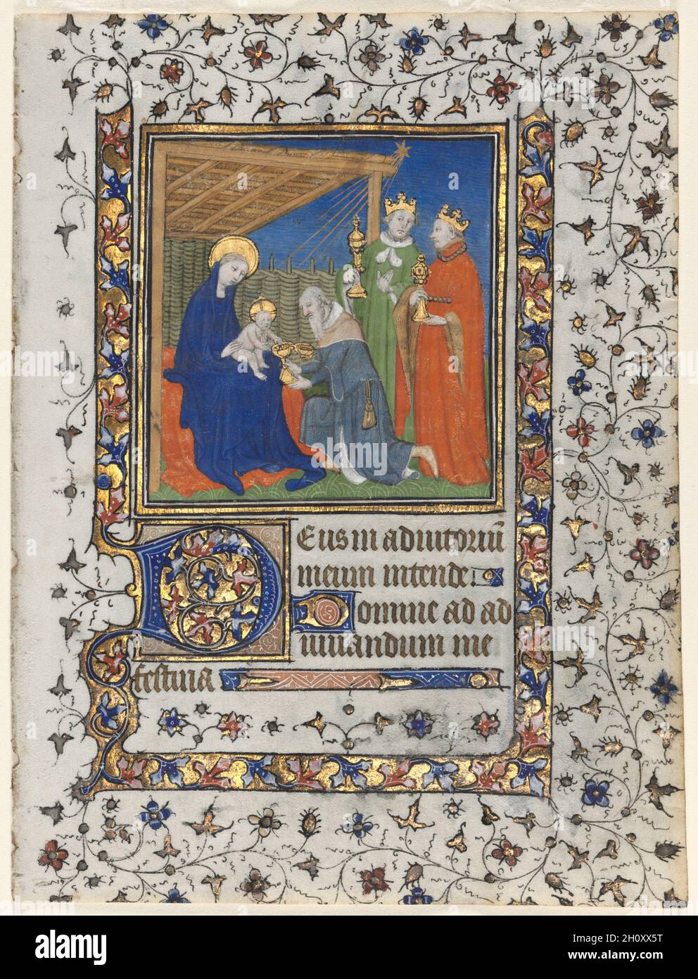 Bifolio from a Book of Hours: Adoration of the Magi, c. 1415. Workshop of Boucicaut Master (French, Paris, active about 1410-25). Ink, tempera, and gold on vellum; folio: 16.8 x 12.7 cm (6 5/8 x 5 in.). Stock Photo