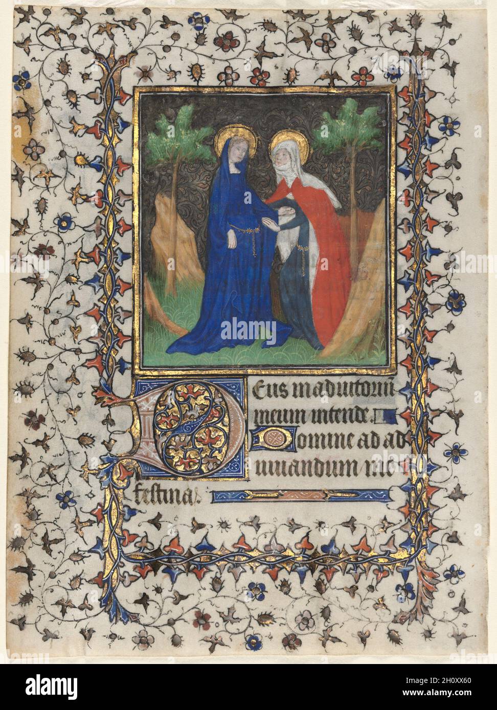 Leaf from a Book of Hours: The Visitation, c. 1415. Workshop of Boucicaut Master (French, Paris, active about 1410-25). Ink, tempera, and gold on vellum; sheet: 17 x 12.7 cm (6 11/16 x 5 in.). Stock Photo