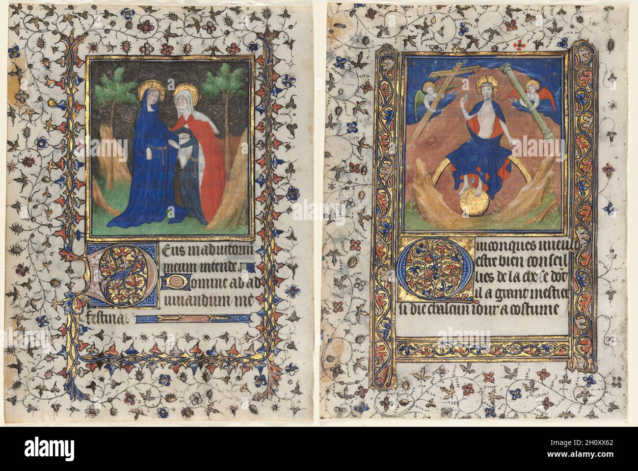 Leaves from a Book of Hours: The Visitation and Christ in Judgment, c. 1415. Workshop of Boucicaut Master (French, Paris, active about 1410-25). Ink, tempera, and gold on vellum; sheet: 17 x 12.7 cm (6 11/16 x 5 in.). Stock Photo