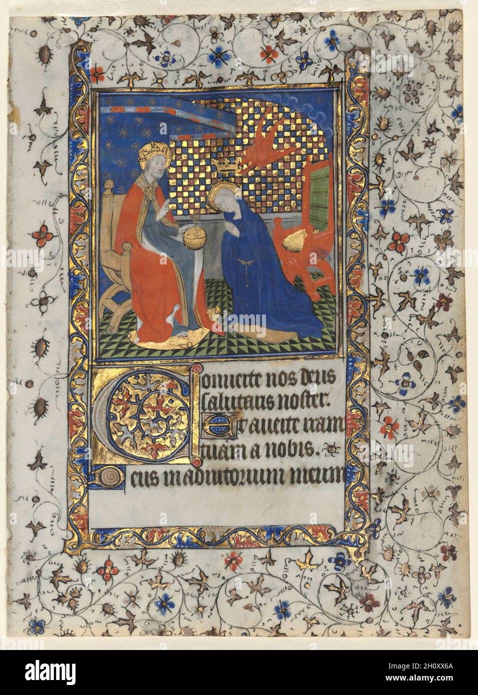 Bifolio from a Book of Hours: Coronation of the Virgin, c. 1415. Workshop of Boucicaut Master (French, Paris, active about 1410-25). Ink, tempera, and gold on vellum; folio: 17 x 12.5 cm (6 11/16 x 4 15/16 in.). Stock Photo