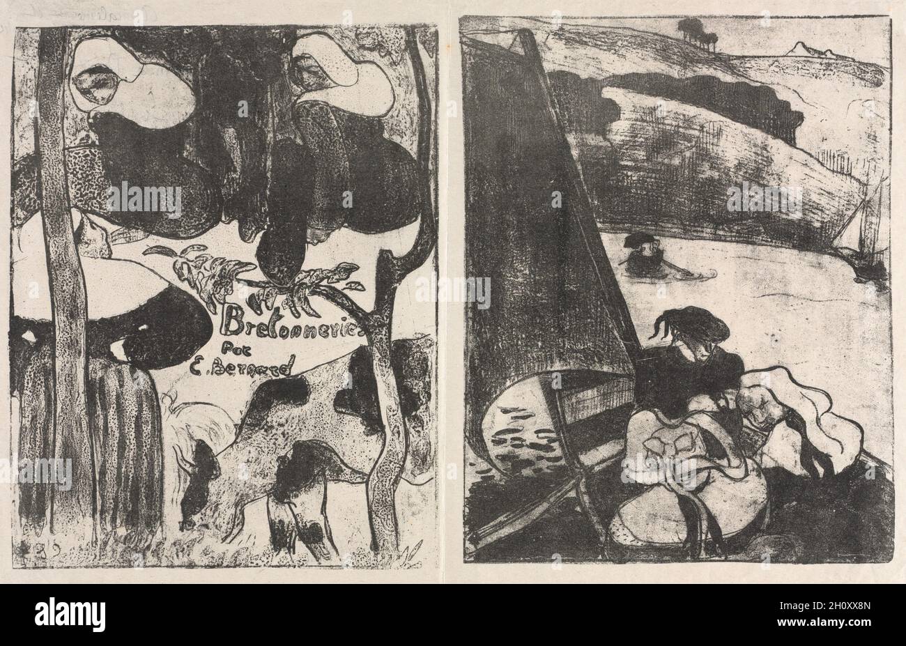 Les Bretonneries: Title Page (Page de Titre) and The Return from the Pilgrimage (Le Retour du Pardon), 1889, printed 1896. Émile Bernard (French, 1868-1941). Zincograph; sheet: 41.1 x 57.7 cm (16 3/16 x 22 11/16 in.); image: 31.5 x 24.8 cm (12 3/8 x 9 3/4 in.). Stock Photo