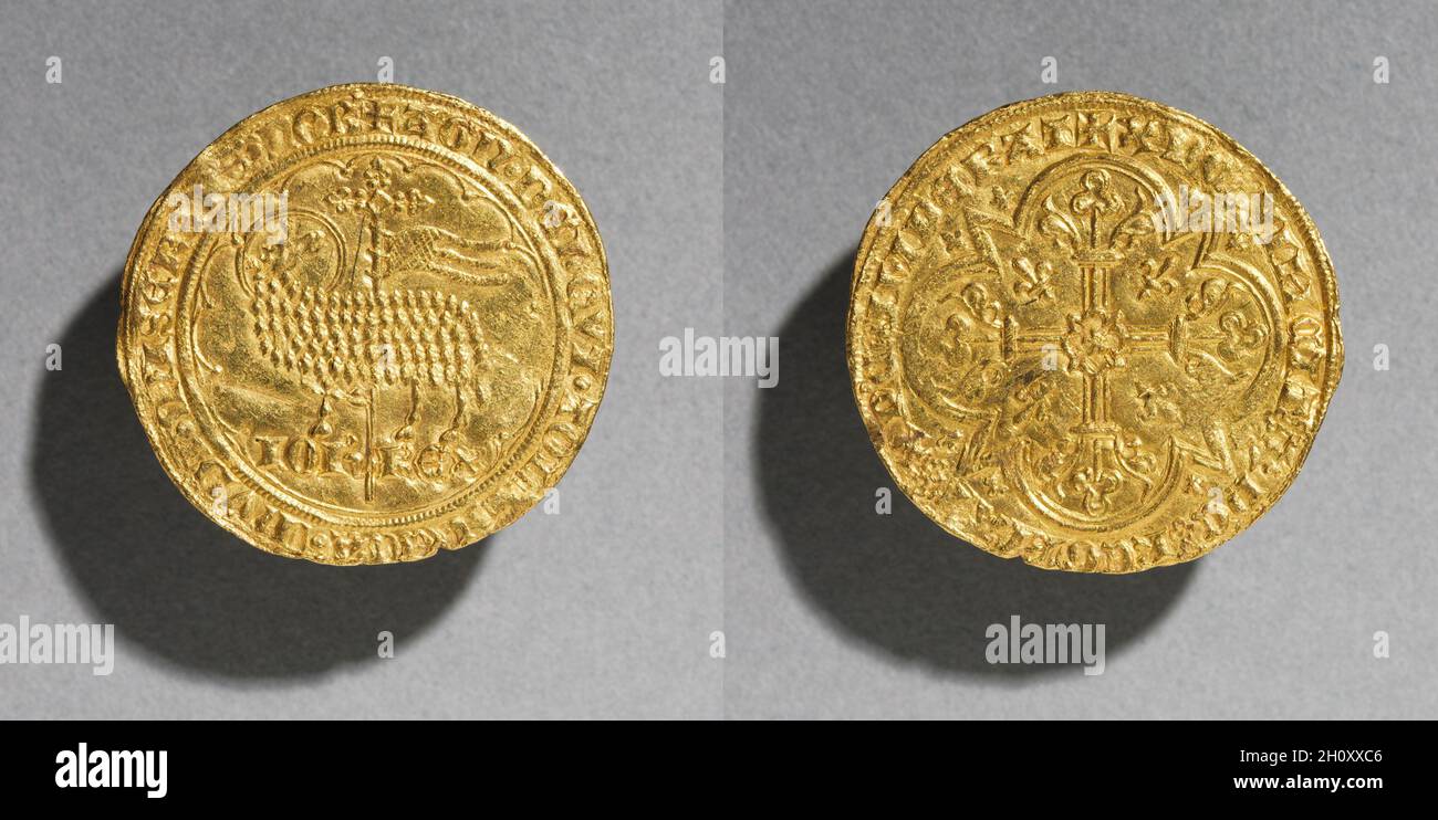 Mouton d'Or of King Jean le Bon of France, 1350-1364 , 1350-1364. France, Gothic period, 14th century. Gold; diameter: 3.1 cm (1 1/4 in.).  Because this gold coin represents the Paschal Lamb, a symbol of Christ, on one of its faces, it is known as a 'Golden Sheep'--Mouton d'Or in French. Stock Photo