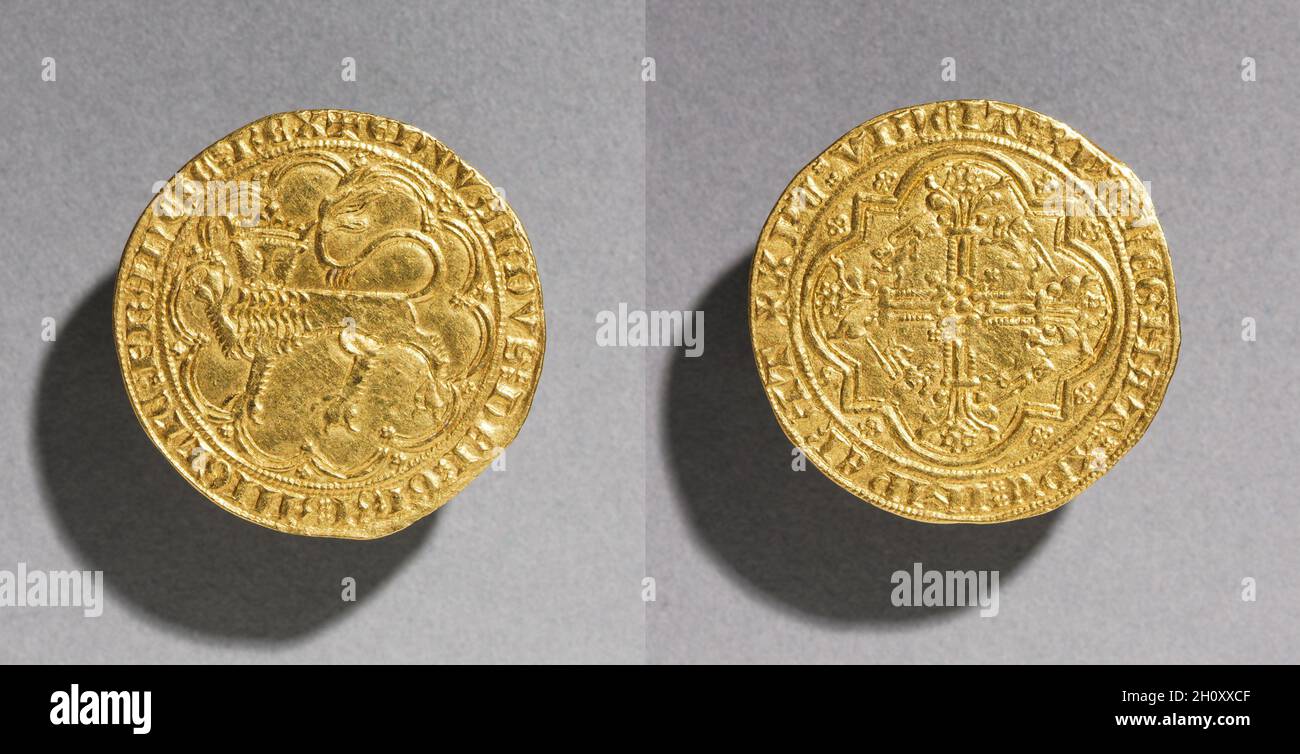 Leopard d'Or of Edward III of England , 1327-1377. England, Anglo-Gallic, Gothic period, 14th century. Gold; diameter: 3.4 cm (1 5/16 in.).  Known as a 'Golden Leopard' because of the crowned leopard on one side, this gold coin was minted for Edward III, king of England and France. Stock Photo