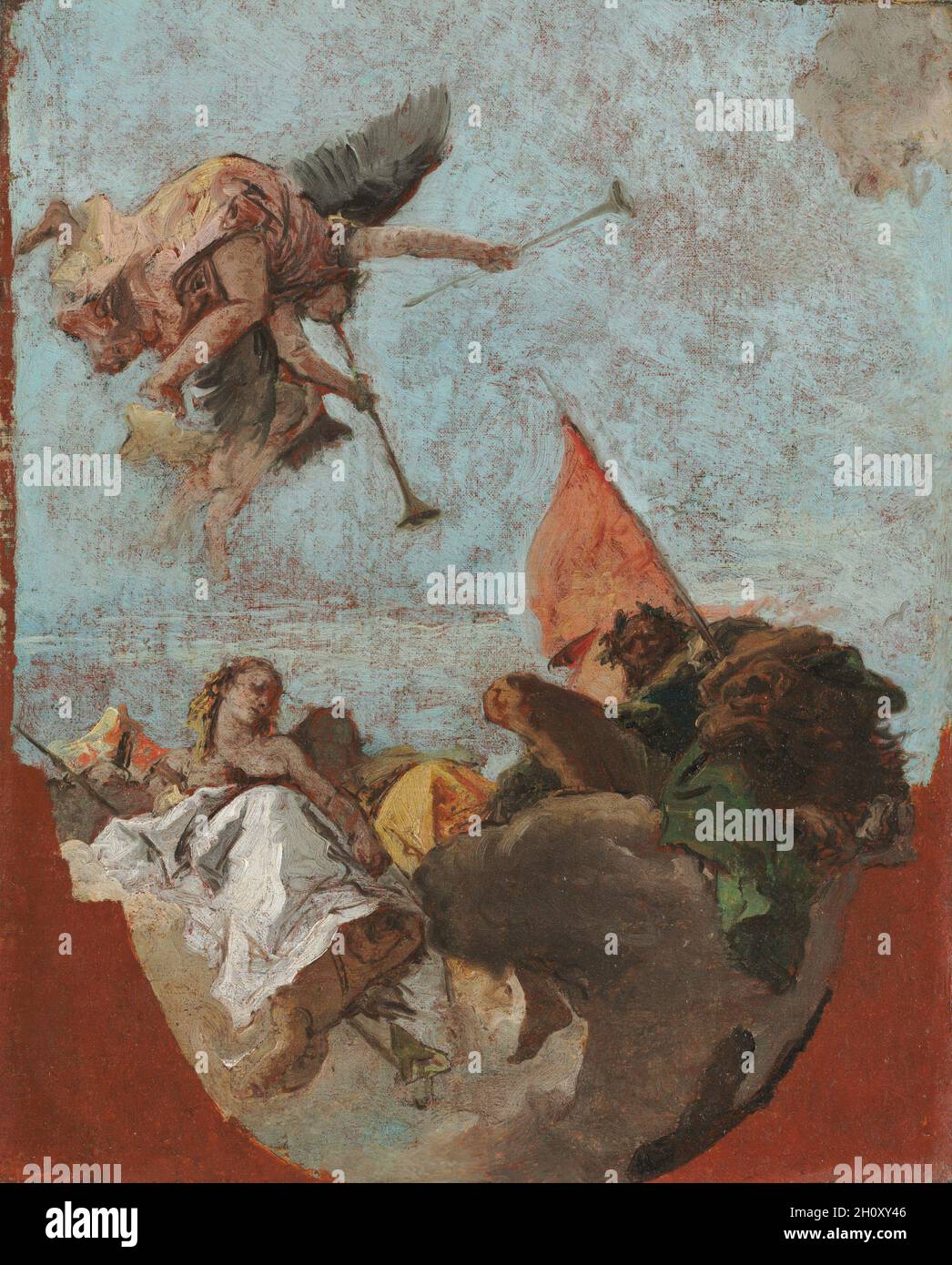Sketch for a Ceiling, 1750s. Giovanni Battista Tiepolo (Italian, 1696-1770). Oil on canvas; framed: 51.5 x 43 x 6.5 cm (20 1/4 x 16 15/16 x 2 9/16 in.); unframed: 41 x 34 cm (16 1/8 x 13 3/8 in.).  This small, quickly painted picture is typical of the sketches Tiepolo made as studies for larger compositions. When completed full-scale on a ceiling, works like these give the impression of a massive window, through which one can see angels or mythological beings floating among the clouds. Although we know from the work's shape that it was a study for a ceiling painting, it is not related to any o Stock Photo