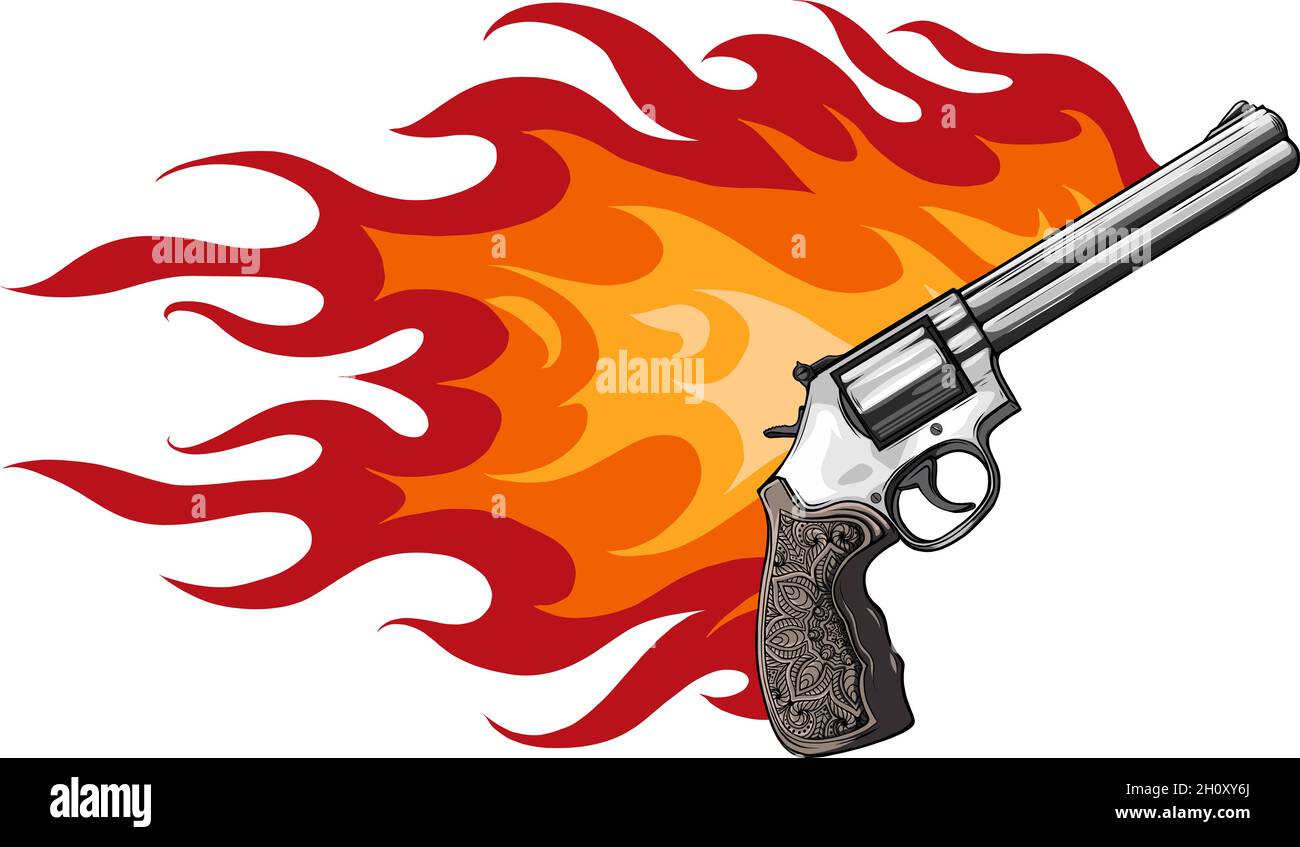 vectro illustration of revolver with flames design Stock Vector
