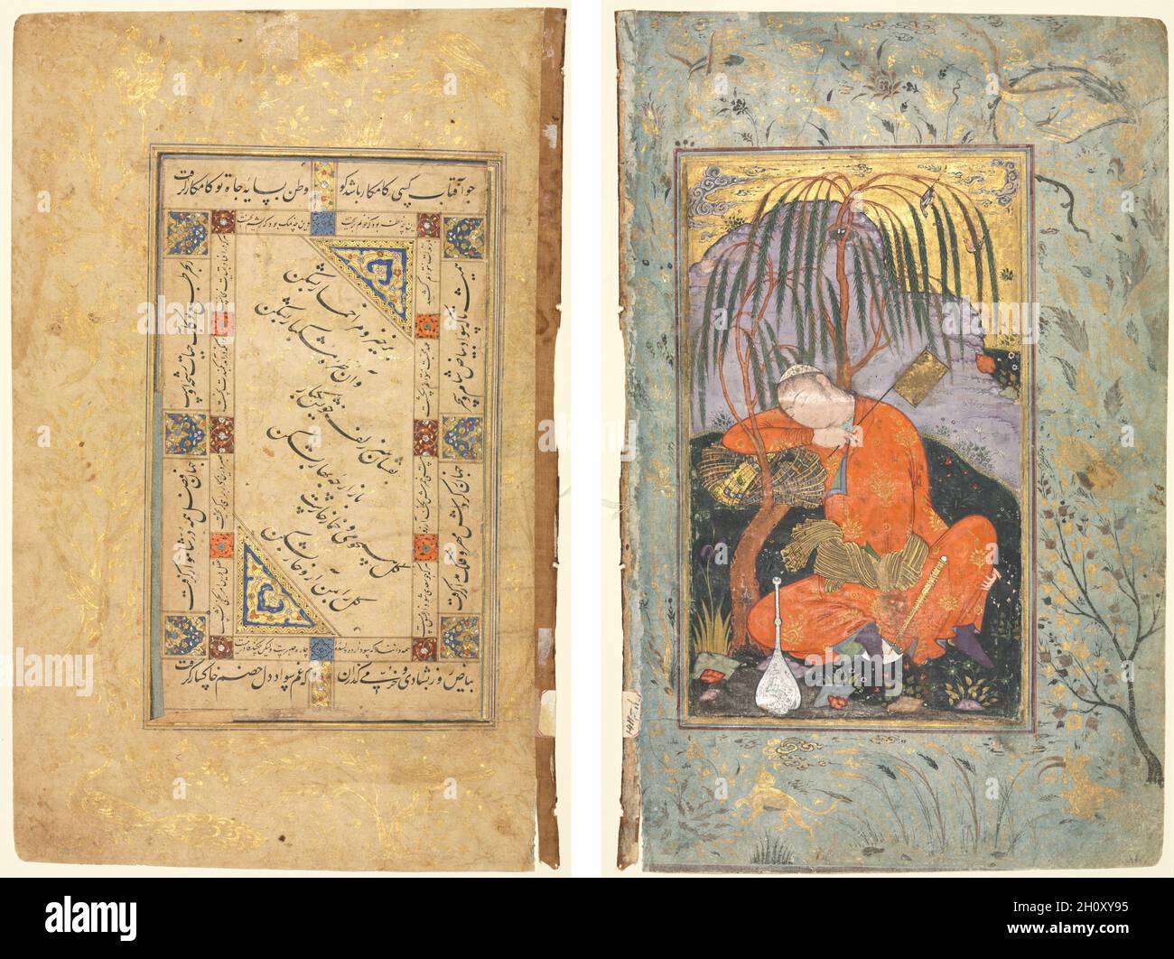 Persian Couplets (recto); Sleeping Youth (verso), late 1500s-early 1600s.  Style of Riza-yi Abbasi (Iranian). Ink, gold and opaque watercolor on  paper; image: 21 x 12.4 cm (8 1/4 x 4 7/8 in.);