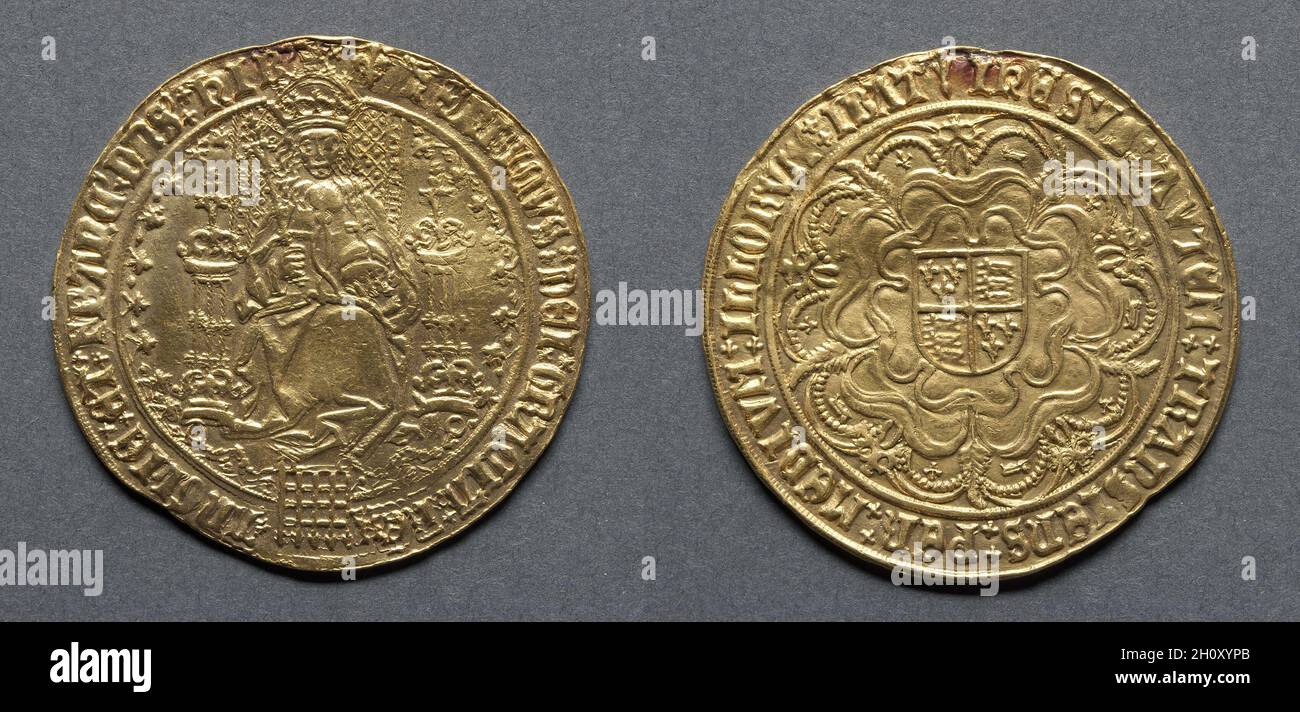 Sovereign: Henry VIII Enthroned (obverse); Royal Arms on Tudor Rose (reverse), 1526–44. England, Henry VIII, 1509-1547. Gold; diameter: 4.2 cm (1 5/8 in.).  During his life Henry VII had accumulated enormous wealth, and it took his son, Henry VIII, until 1542 to squander it. Henry knew how the English coinage had been debased in the past and did not see why it should not be debased again, this time for his personal benefit. Regardless of the inevitable financial catastrophe, he grasped at this easy revenue and in his last years not only debased the gold coinage to 20 ct., but the silver also, Stock Photo