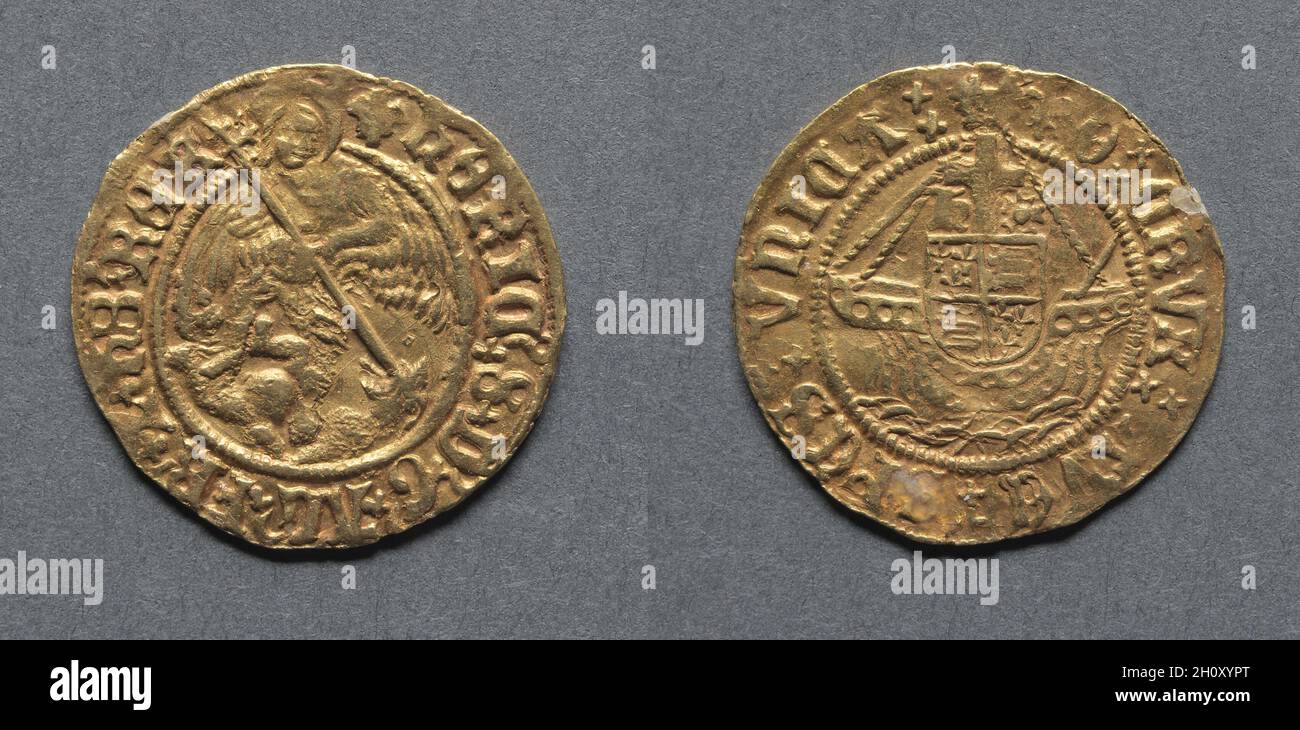Half Angel: Angel Slaying a Dragon (obverse); Ship with Shield of Arms (reverse), 1526–44. England, Henry VIII, 1509-1547. Gold; diameter: 2.2 cm (7/8 in.).  During his life Henry VII had accumulated enormous wealth, and it took his son, Henry VIII, until 1542 to squander it. Henry knew the English coinage had been debased in the past and did not see why it should not be debased again, this time for his personal benefit. Full debasement began officially in 1544. The angel varied in value from 6 shillings 8 pence to 11 shillings between Edward's reign and the time of James I. During the reign o Stock Photo