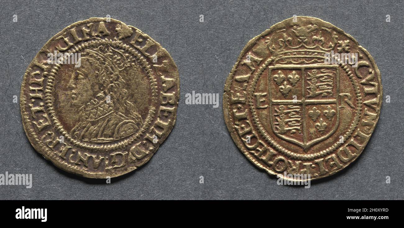 Halfcrown: Elizabeth I (obverse); Crowned Shield of Arms (reverse), 1560–61. England, Elizabeth I, 1558-1603. Gold; diameter: 1.7 cm (11/16 in.).  A rare coin, the portrait of the queen is very well executed. There are two types of this coin that feature a bust of the queen. They vary considerably, this one being less ornate than the second, 1969.184. Elizabeth I chose a Latin phrase, SCVTVM FIDEI PROTEGET EAM, translated as The Shield of Faith Shall Protect Her to appear on the reverse of some of her coins, befitting her precarious position. Stock Photo