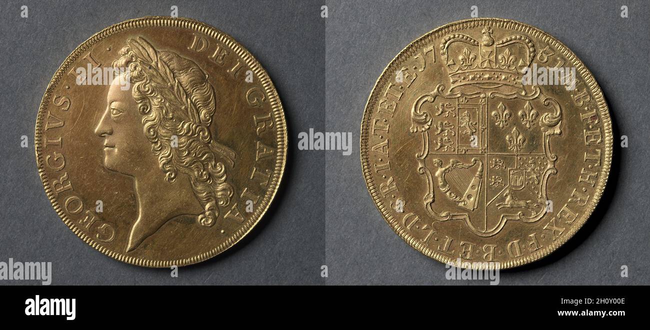 Five Guineas: George II (obverse); Shield of Arms (reverse), 1731. England,  George II, 1727-1760. Gold; diameter: 3.7 cm (1 7/16 in.). This coin was  probably struck as a proof. Under George II