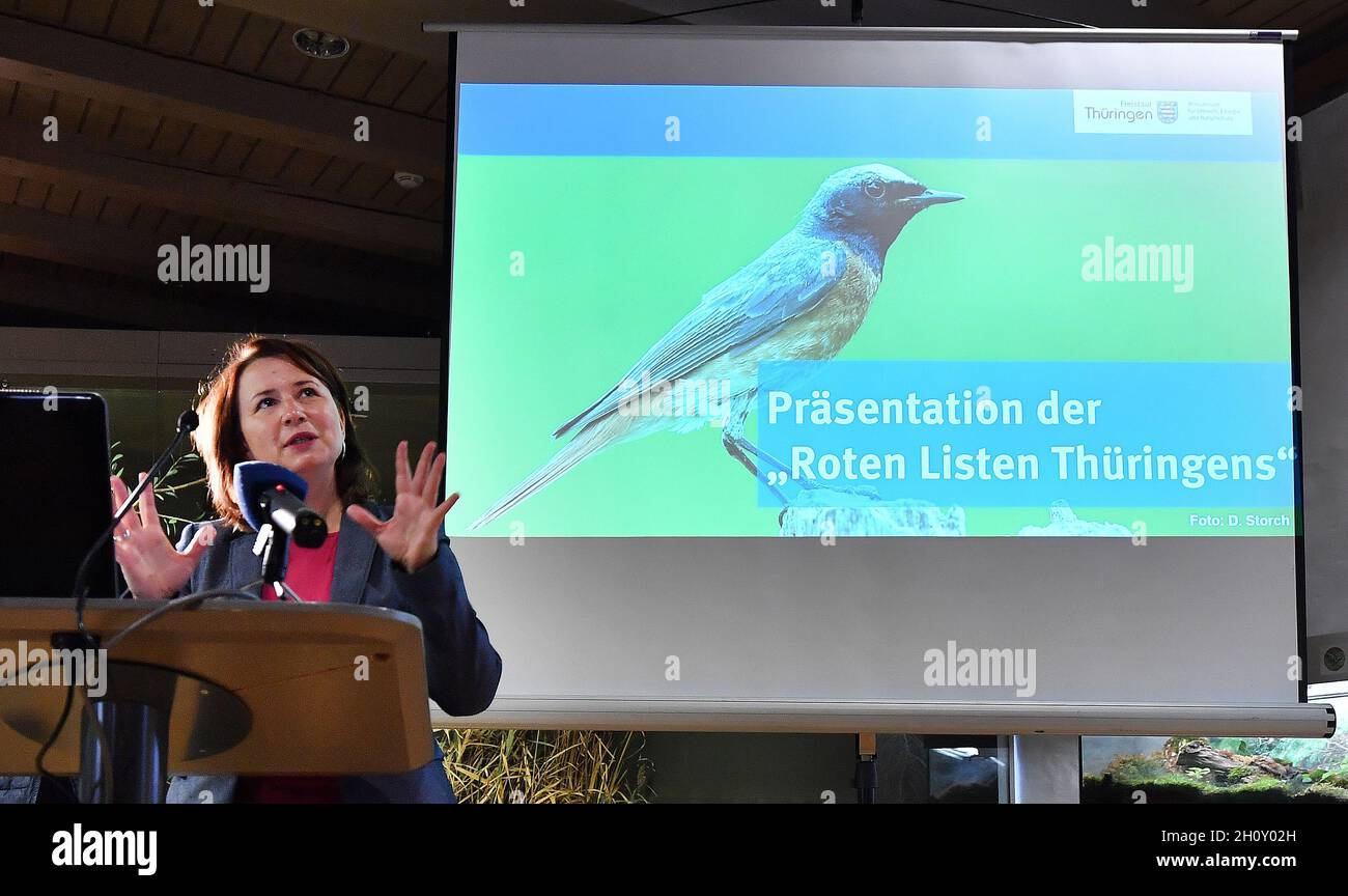 Erfurt, Germany. 15th Oct, 2021. Anja Siegesmund (Bündnis90/Die Grünen), Minister for the Environment, Energy and Nature Conservation of Thuringia, presents the new Red Lists for Thuringia at the Erfurt Museum of Natural History. Every ten years, the Red Lists record the population of native animal, plant and fungus groups as well as biotopes and plant communities and assess their endangerment status. Credit: Martin Schutt/dpa-Zentralbild/dpa/Alamy Live News Stock Photo