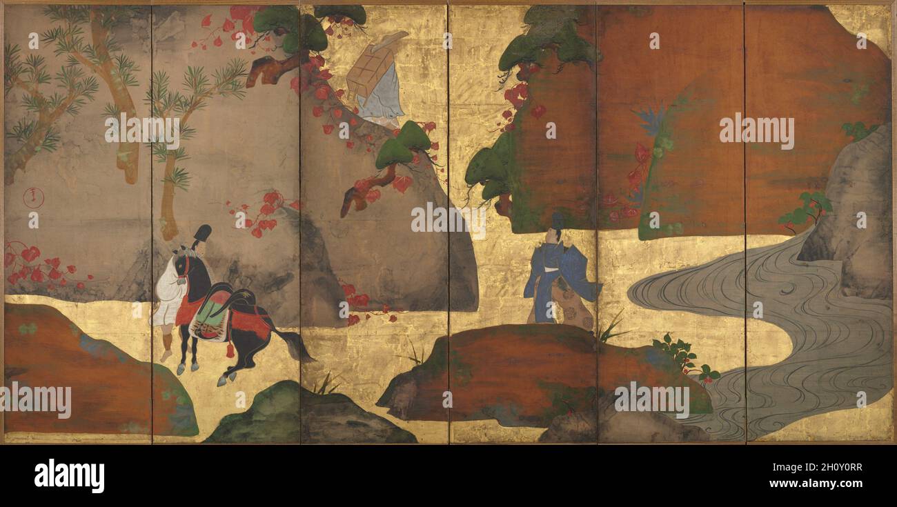 Ivy Lane, 1700s. Fukae Roshū (Japanese, 1699-1757). Six-panel folding screen; ink and color on gilded paper; image: 133.1 x 267.6 cm (52 3/8 x 105 3/8 in.); overall: 136.5 x 271 cm (53 3/4 x 106 11/16 in.).  In an episode from the tenth-century literary classic The Tales of Ise, a courtier happens upon a Buddhist priest on an ivy-covered pass on Mount Utsu, a Japanese homonym for “Melancholy Mountain.” He entrusts the priest with a letter to a former lover in the capital whom he laments he can no longer see, even in dreams. The Tales of Ise features poems set within a basic narrative of the jo Stock Photo