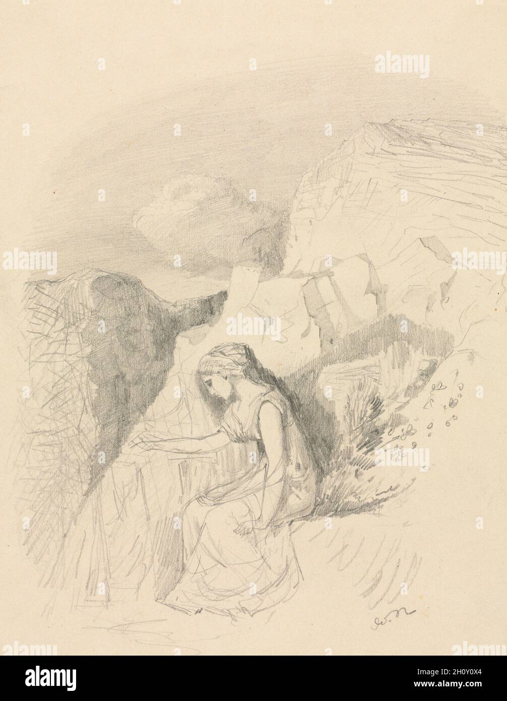 Melancholy, c. 1868. Odilon Redon (French, 1840-1916). Graphite; sheet: 32.1 x 22 cm (12 5/8 x 8 11/16 in.).  Odilon Redon grew up near the massive Pyrénées mountains in southern France and their image recurred throughout his work. In a series of drawings made during the 1870s, Redon used the craggy surface and infinite reach of his native landscape to evoke a sense of solitude and isolation. The woman seen here, for example, leans forward and casts her eyes downward as if in resignation. Stock Photo