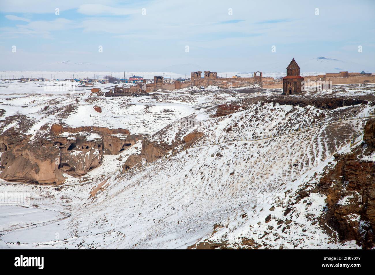 Ani Ruins, Ani is a ruined and uninhabited medieval Armenian city-site situated in the Turkish province of Kars Stock Photo