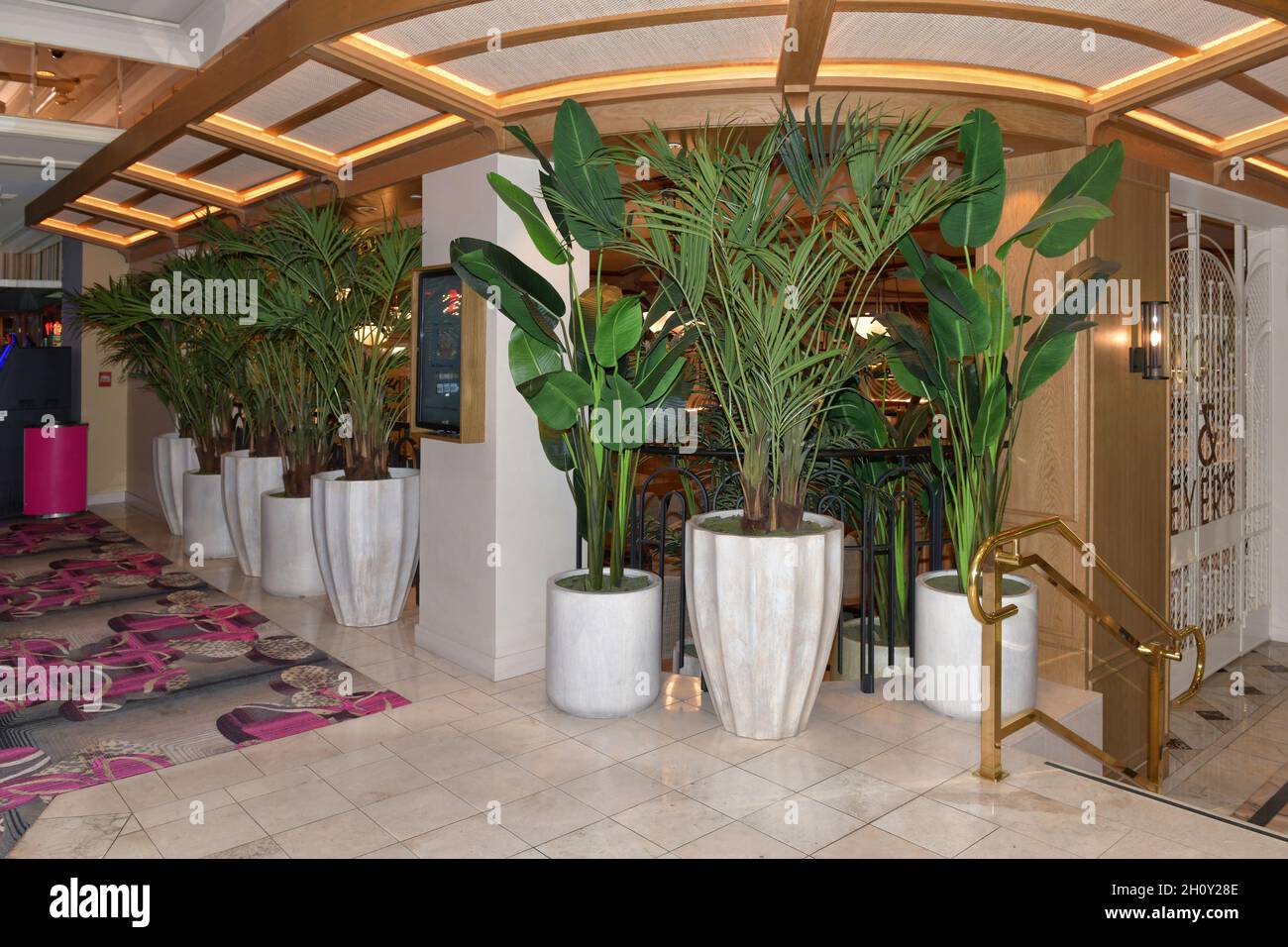 Nevada USA 09-5-21 Large vases with artificial plants decorate the exterior facade of the Bugsy & Meyer’s restaurant located on the Flamingo Las Vegas Stock Photo