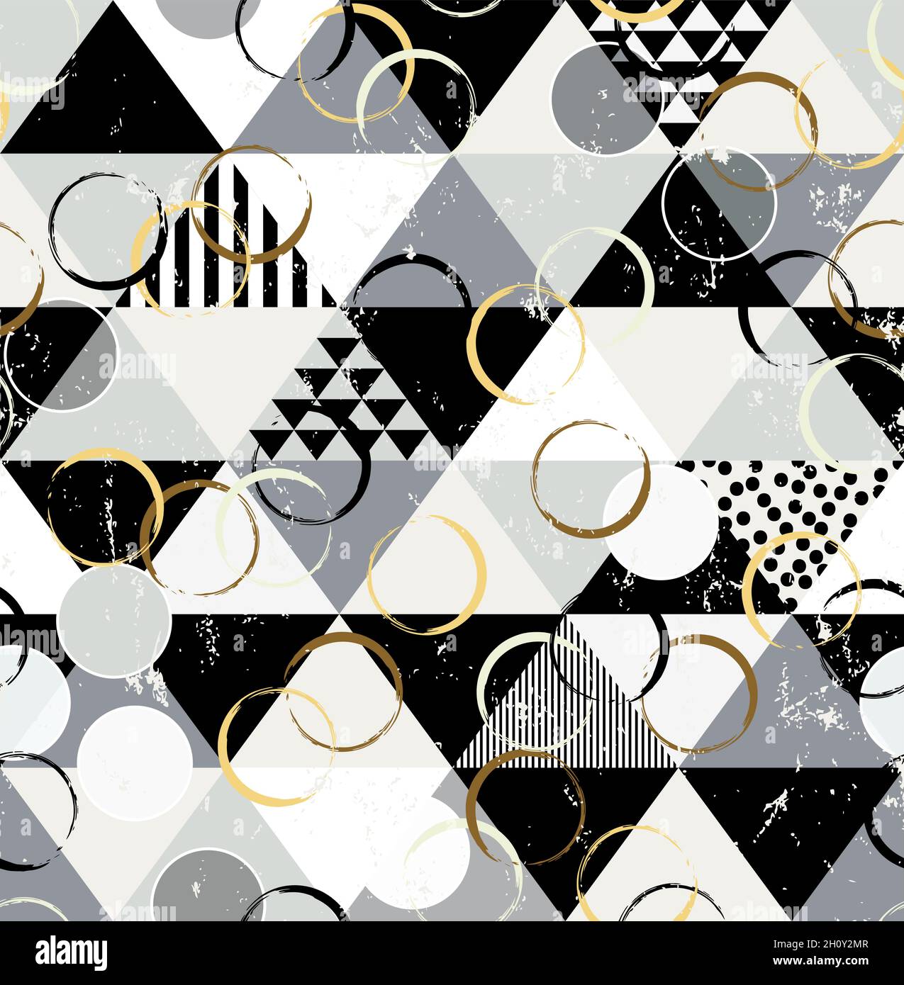 seamless abstract circle pattern, with triangles, dots, paint strokes and splashes, black and