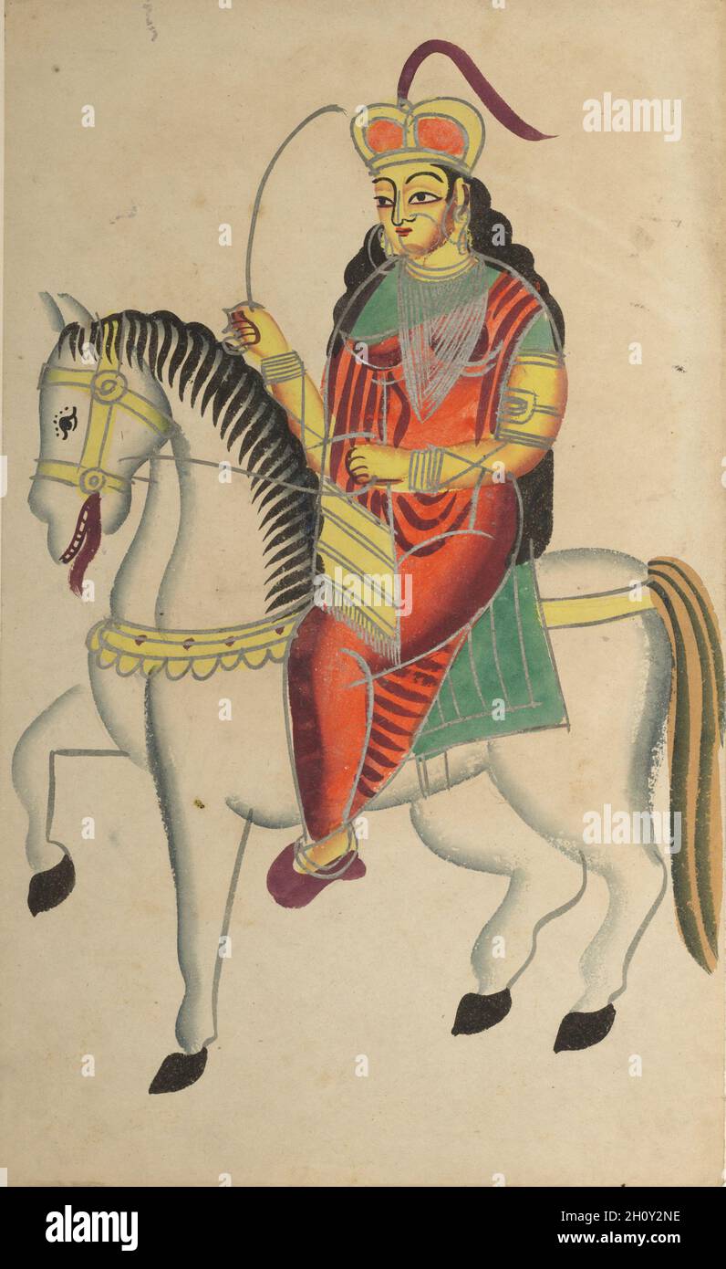 The Mutiny of the Heroine Rani Lakshmi Bai of Jhansi, c. 1890. Eastern India, Bengal, Kolkata, Kalighat. Watercolor, graphite, ink, and tin on paper; secondary support: 48.5 x 29.6 cm (19 1/8 x 11 5/8 in.); painting only: 45.5 x 28 cm (17 15/16 x 11 in.).  Rani Lakshmi Bai was a widow of Raja Gangadhar Rao, the Maharaja of Jhansi, whose state had been annexed by the British. On June 10, 1857, following a massacre of Europeans by local Indian troops, she was proclaimed ruler. One of the first freedom fighters, she resisted the British and was killed in June 1858. She later became a legendary mu Stock Photo