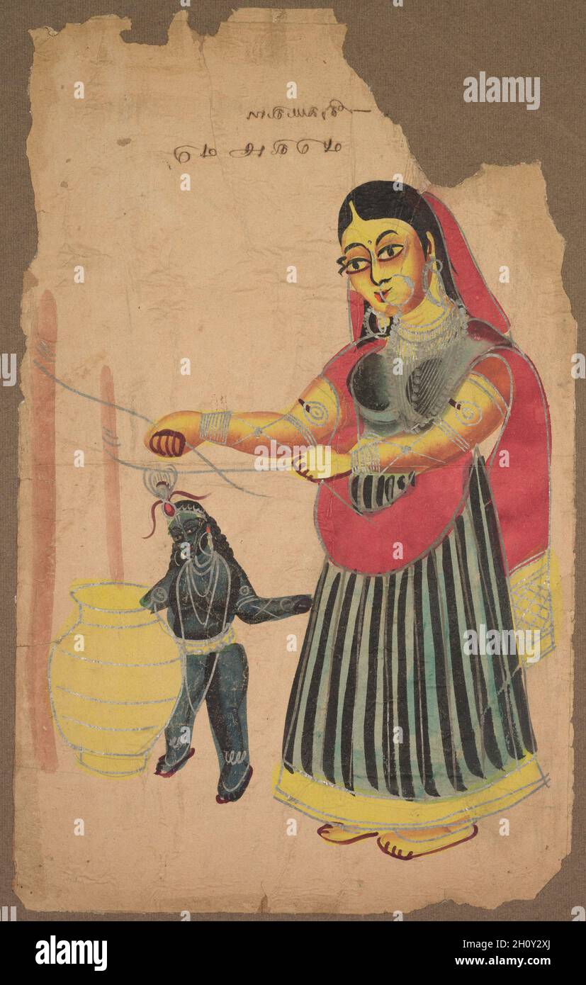 Yasoda with Krishna Churning Butter, c. 1890. Eastern India, Kolkata, Kalighat. Watercolor, ink, graphite, and tin on paper; secondary support: 51.3 x 35.6 cm (20 3/16 x 14 in.); painting only: 45 x 27.8 cm (17 11/16 x 10 15/16 in.).  Yashoda, wife of the head of the cowherd village, raised Krishna from infancy. She is shown here churning milk into butter, while the mischievous toddler Krishna tips his hand in the pot to steal the rich cream. Kalighat paintings were made for pilgrims to take home and keep on domestic shrines. Made swiftly on inexpensive paper, they are a genre of art available Stock Photo