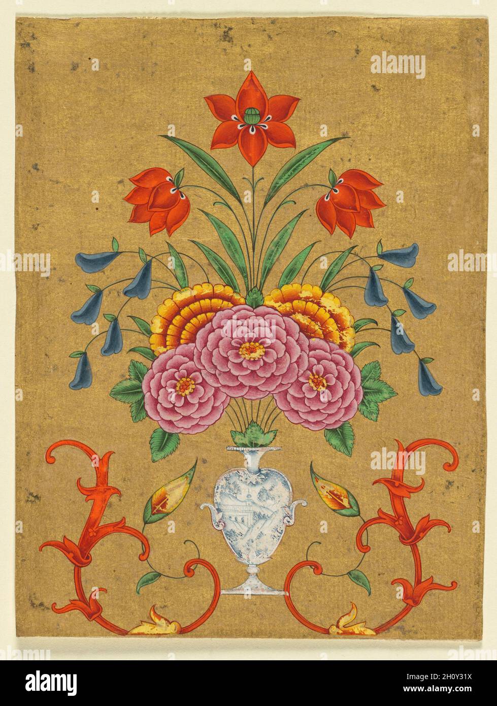 Vase with flower arrangement and scrollwork, c. 17501800. India