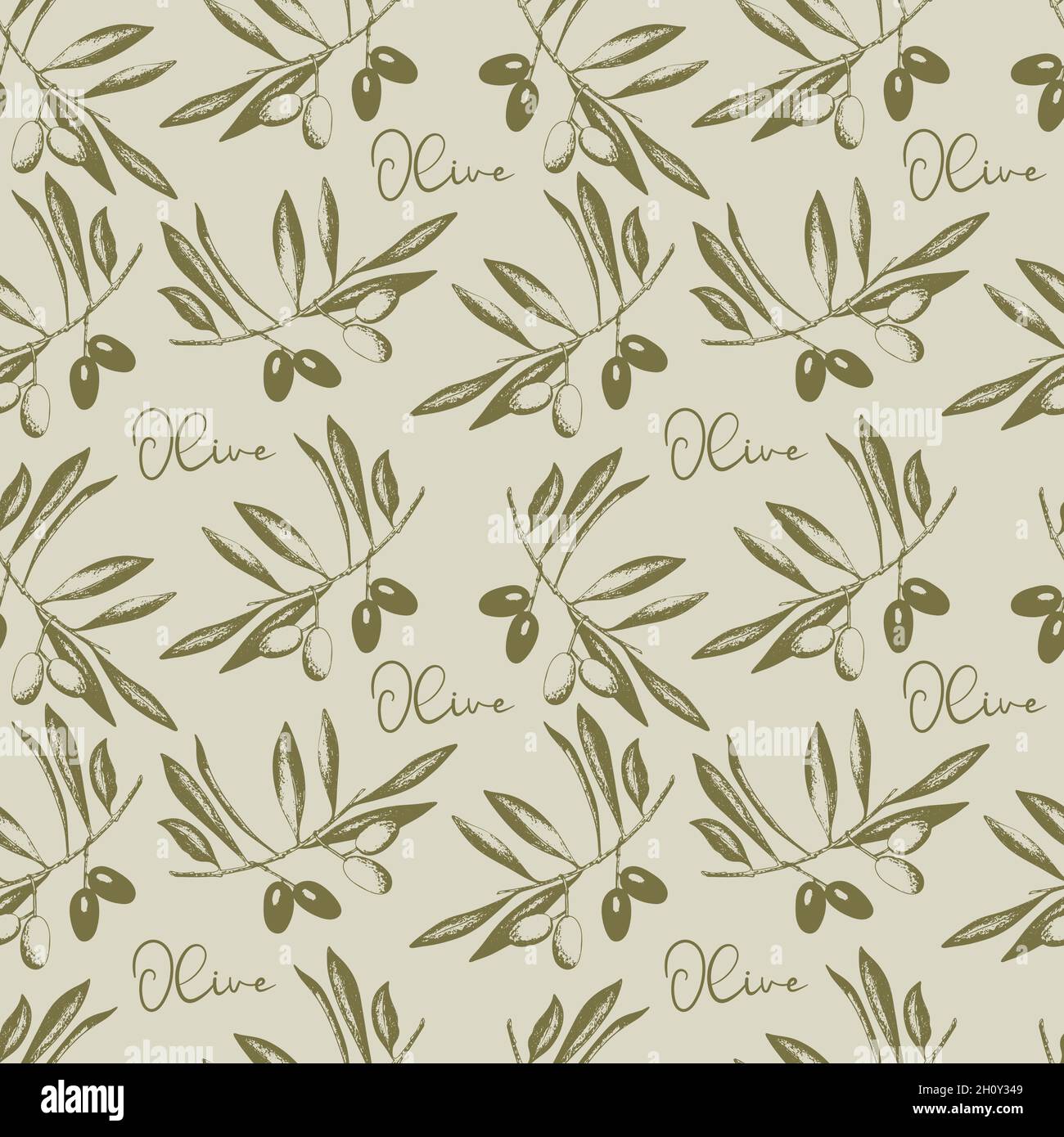 Olives Branch With Fruits And Leaves Seamless Pattern Imprint Stamp Sketch Vector 