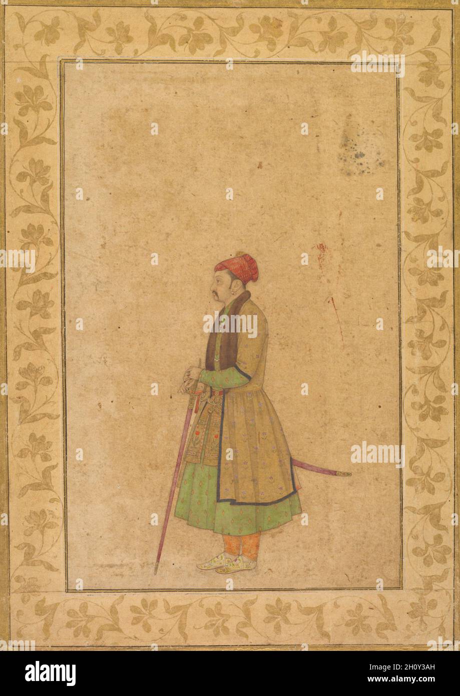 Portrait of Raja Ram Singh of Amber (r. 1667-1688) with a Deccan Sword (recto), c. 1680–85. India, Mughal, 17th century. Opaque watercolor on paper (recto); page: 30.4 x 18.5 cm (11 15/16 x 7 5/16 in.).  The sensitive, naturalistic rendering of weariness and forbearance in the face belies the trappings of favor bestowed on Ram Singh by the Mughal emperors Shah Jahan and Alamgir, whom he served as courtier and general between 1643 and 1688. He was a Hindu ruler from the kingdom of Amber in Rajasthan, under the control of the Mughal empire. Spending most of his life at the imperial court or lead Stock Photo