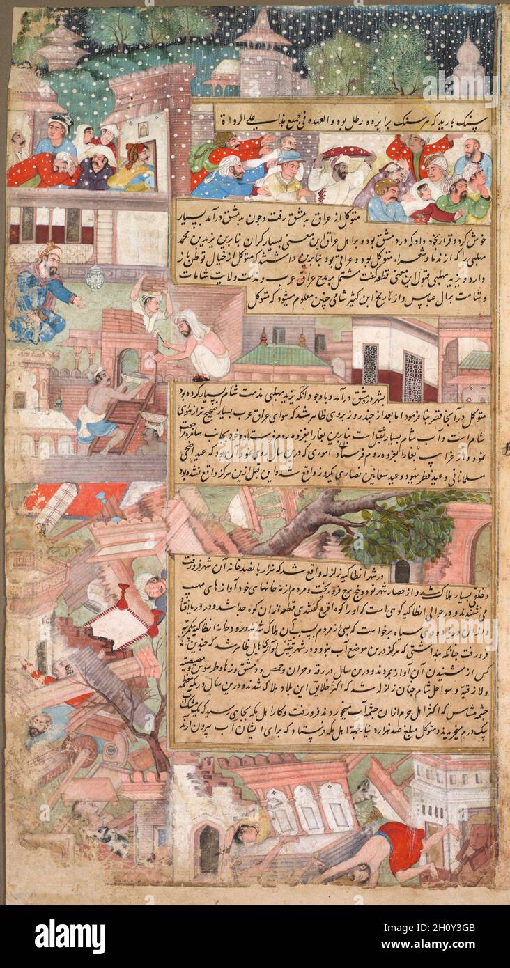 Page of disasters, from the Tarikh-i Alfi (History of the Thousand [Years]), c. 1595. India, Mughal school, 16th century. Ink and color on paper; overall: 41 x 22.6 cm (16 1/8 x 8 7/8 in.).  The 1,000th anniversary of Islam, according to the Hijri calendar followed by the Mughals and all Muslims, occurred during Akbar’s reign in 1592. He commemorated this milestone in many ways, including the commissioning of a new history of the Islamic world since the death of the Prophet Muhammad in 632. The episode discussed on this page took place during the 800s, when hailstorms beset Egypt and an earthq Stock Photo