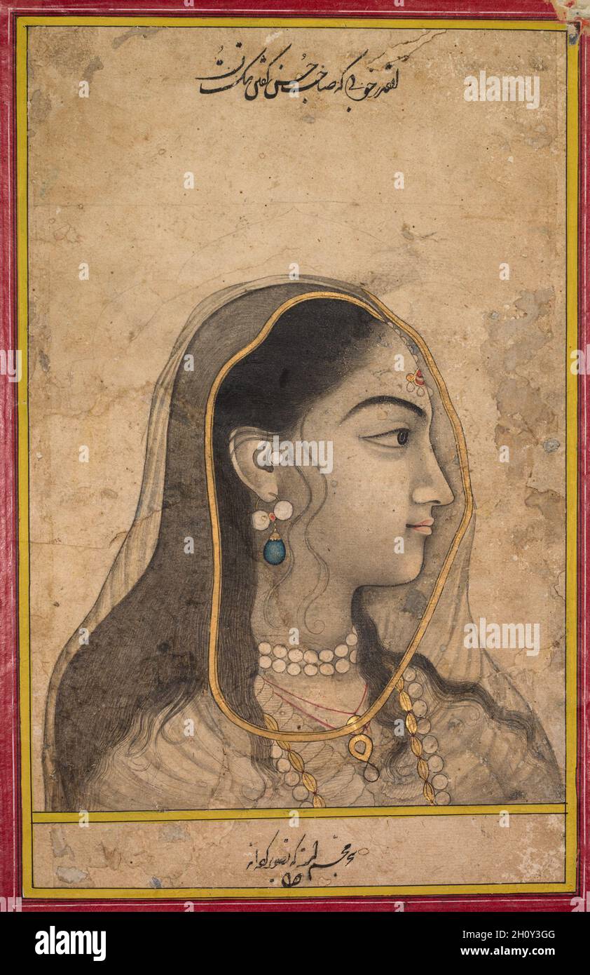 Head of a Beauty, c. 1750. India, Mughal school, 18th century. Ink, color, and gold on paper; image: 24.5 x 16.5 cm (9 5/8 x 6 1/2 in.); overall: 30.5 x 20.5 cm (12 x 8 1/16 in.). Stock Photo