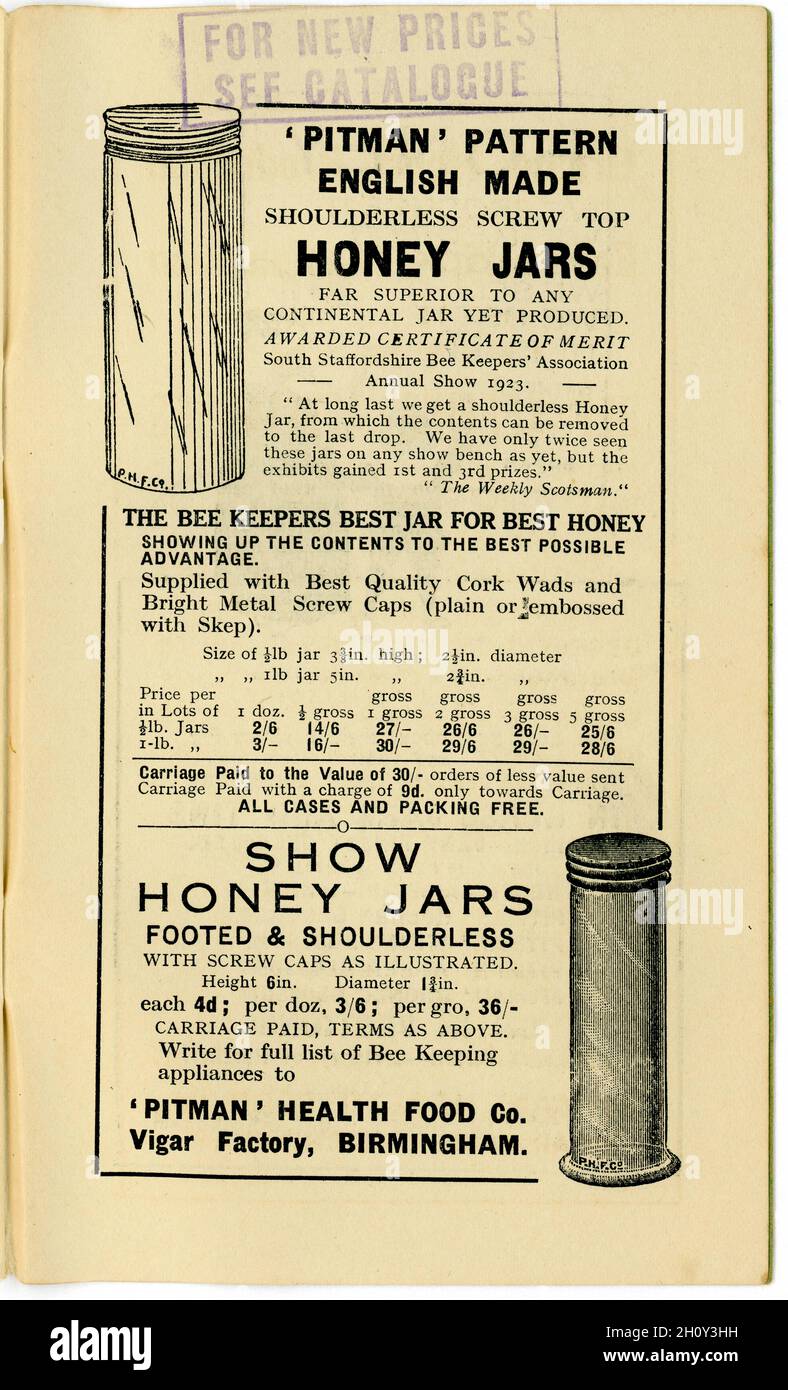 Inside healthy eating booklet, jars Health from Food library no. 12,  this one in the series entitled Honey and the Bee,  by James Henry Cook published Birmingham  dated 1927 Stock Photo