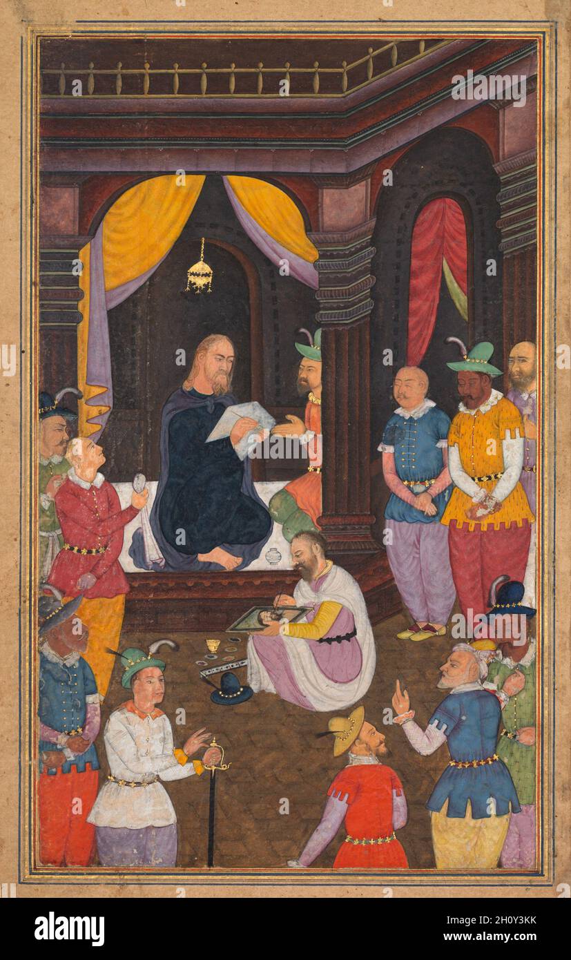 Jesus being portrayed by King Abgar’s painter, from a Mir’at al-quds of Father Jerome Xavier (Spanish, 1549–1617), 1602-04. Mughal India, Allahabad, made for Prince Salim (1569–1627). Opaque watercolor, ink, color and gold on paper; page: 26.2 x 15.6 cm (10 5/16 x 6 1/8 in.).  Jesus sits under a golden lamp with a cloth in his hand, while the artist emissary from Abgar, king of Edessa in present-day southeastern Turkey, struggles to paint a portrait of Jesus that Abgar believed would cure him of a disease. The similarity between the names Abgar and Akbar suggests that Father Jerome included th Stock Photo