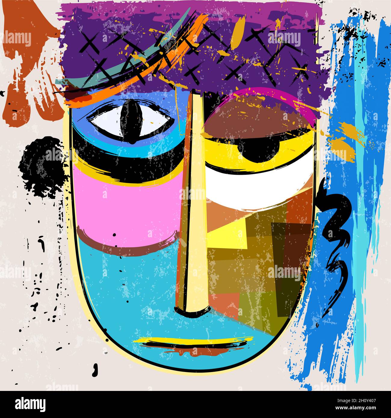 abstract face or mask, with paint strokes and splashes, african inspired Stock Vector Image