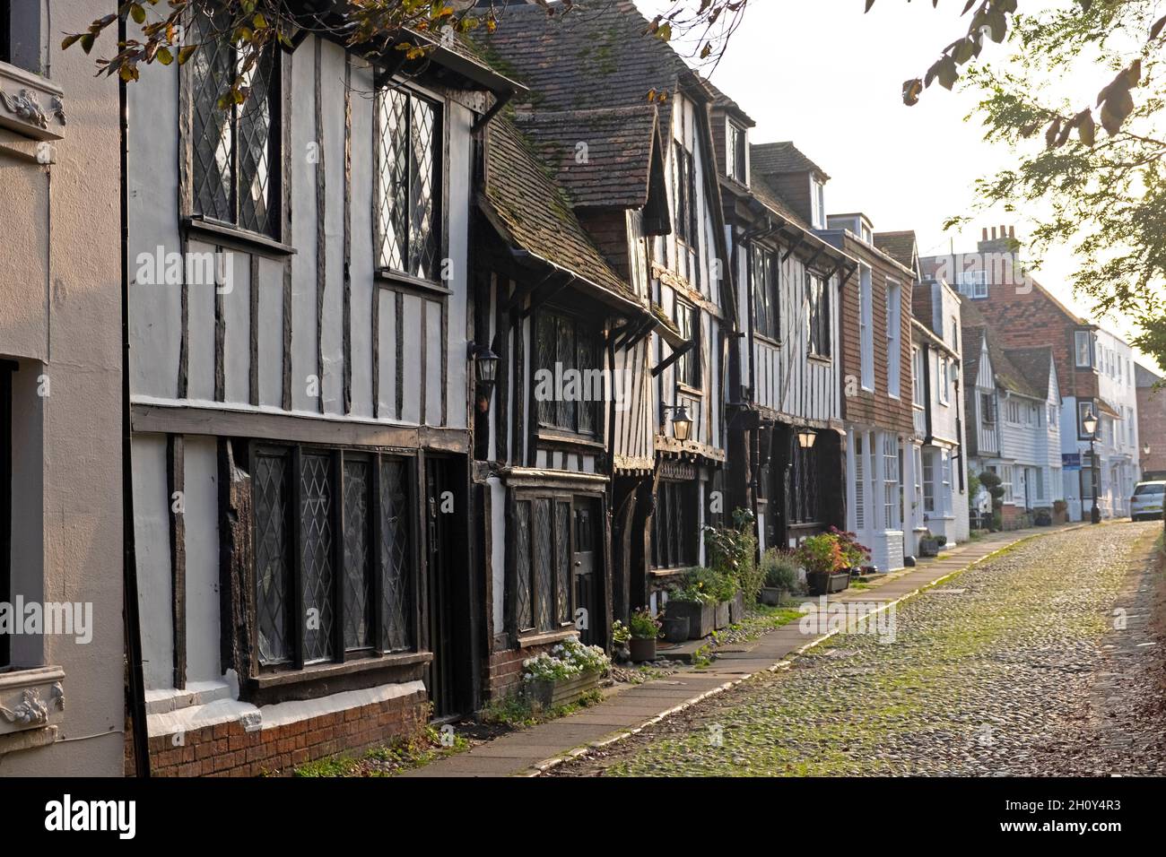 Outside view of half-timbered medieval house houses on cobbled street Church Square in Rye East Sussex England Great Britain UK KATHY DEWITT Stock Photo