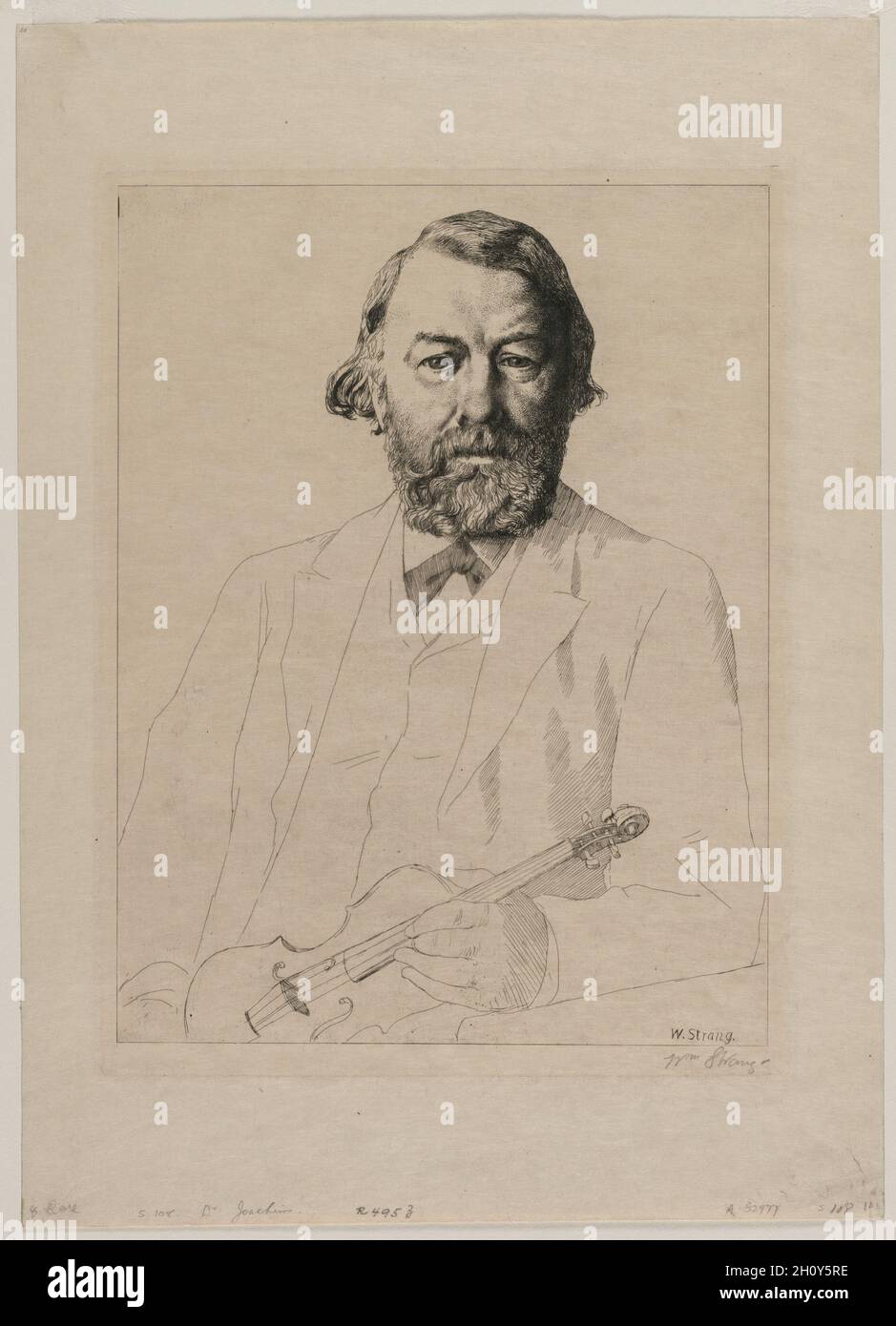 Dr. Joachim, 1887. William Strang (British, 1859-1921). Etching;  Joseph Joachim, a Hungarian violinist, conductor, and composer, was widely regarded as one of the most significant violinists of the 19th century. A protégé of Felix Mendelssohn, Joachim later served Franz Liszt as concertmaster. He was a close friend of Johannes Brahms and Robert Schumann, and frequently performed with Clara Schumann. Stock Photo