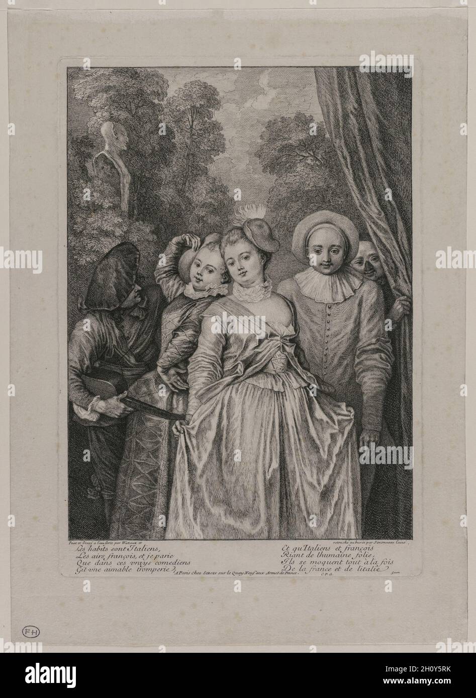 The Clothes are Italian , 1715-1716. Jean Antoine Watteau (French, 1684-1721), and Charles Simonneau (French, 1645-1728). Etching and engraving; sheet: 37.2 x 26.9 cm (14 5/8 x 10 9/16 in.); platemark: 30.5 x 21.3 cm (12 x 8 3/8 in.).  The Comédie Italienne, the Italian commedia dell’arte, took up residence in Paris in the mid-17th century, incorporating French chansons and Italian arias into their performances. The troupe was banished from France in 1697 as punishment for satirizing the regime of Louis XIV. In 1715, the crown passed to Philippe II d’Orléans, who served as Regent until Louis X Stock Photo