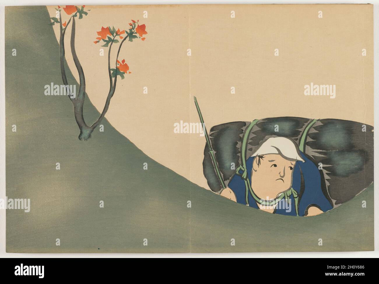 Flowers of a Hundred Worlds (Momoyogusa): Woodcutter (Shomu), 1910-11. Kamisaka Sekka (Japanese, 1866-1942). Color woodcuts with gold and silver; sheet: 29.9 x 22.1 cm (11 3/4 x 8 11/16 in.).  This print from a set of three woodblock printed albums displays the graphic design prowess of Kamisaka Sekka. The images were first distributed one by one to subscribers to the series but later were reissued in bound form, like this book, for mass consumers. Each print features a vignette taken from nature or Japanese literature. Many of the scenes have a long history in Japan, originating in the 900s o Stock Photo