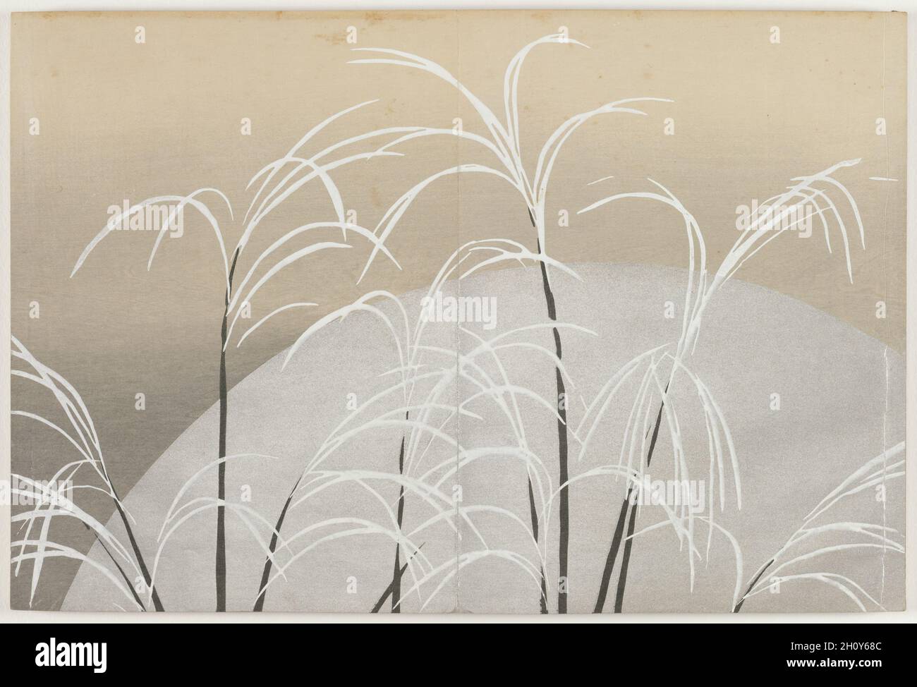 Flowers of a Hundred Worlds (Momoyogusa): Susuki Grass in Moonlight (Obana ni tsuki), 1909-10. Kamisaka Sekka (Japanese, 1866-1942). Color woodcuts with gold and silver; sheet: 29.9 x 22.1 cm (11 3/4 x 8 11/16 in.).  This print from a set of three woodblock printed albums displays the graphic design prowess of Kamisaka Sekka. The images were first distributed one by one to subscribers to the series but later were reissued in bound form, like this book, for mass consumers. Each print features a vignette taken from nature or Japanese literature. Many of the scenes have a long history in Japan, o Stock Photo