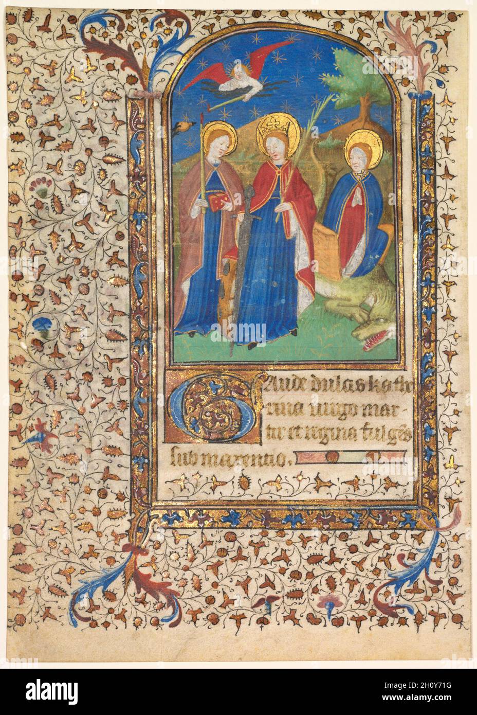 Leaf from a Book of Hours: Sts. Geneviève, Catherine of Alexandria, and Margaret (recto), c. 1415. Workshop of Boucicaut Master (French, Paris, active about 1410-25). Ink, tempera, silver, and gold on vellum; leaf: 16 x 11.2 cm (6 5/16 x 4 7/16 in.).  In a book of hours, the suffrages generally appear at the end of the manuscript and consist of prayers to particular saints, often illustrated by miniatures. Saints were the protectors and patrons of medieval people, and countless owners of books of hours must have been consoled by reciting these prayers and readings that contained elements of pr Stock Photo
