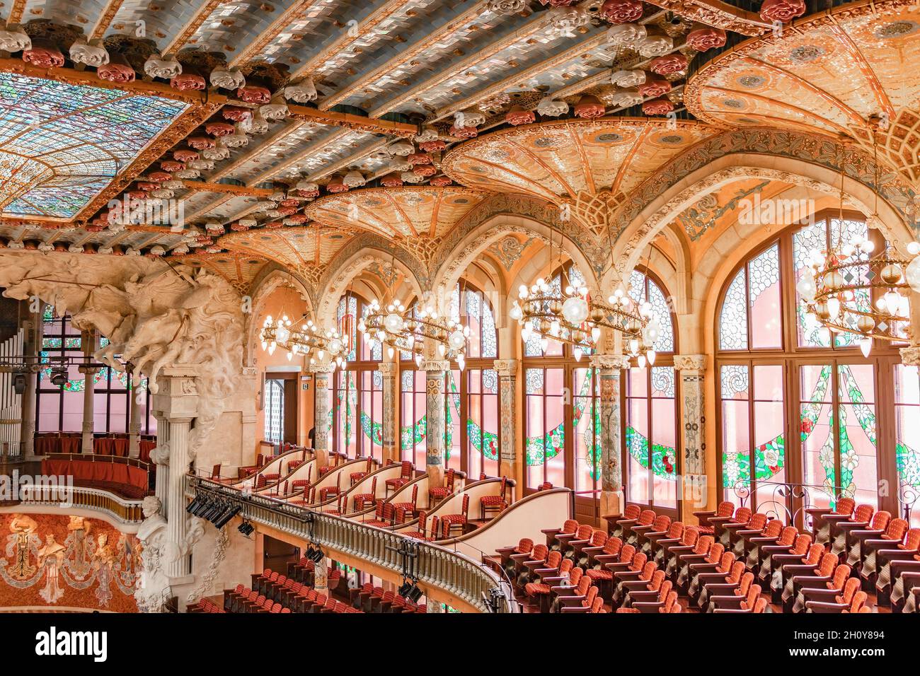 Barcelona, Spain-September 27, 2021: Palau de la Música Catalana. The mission the Foundation is to promote music, particularly choir singing, knowledg Stock Photo