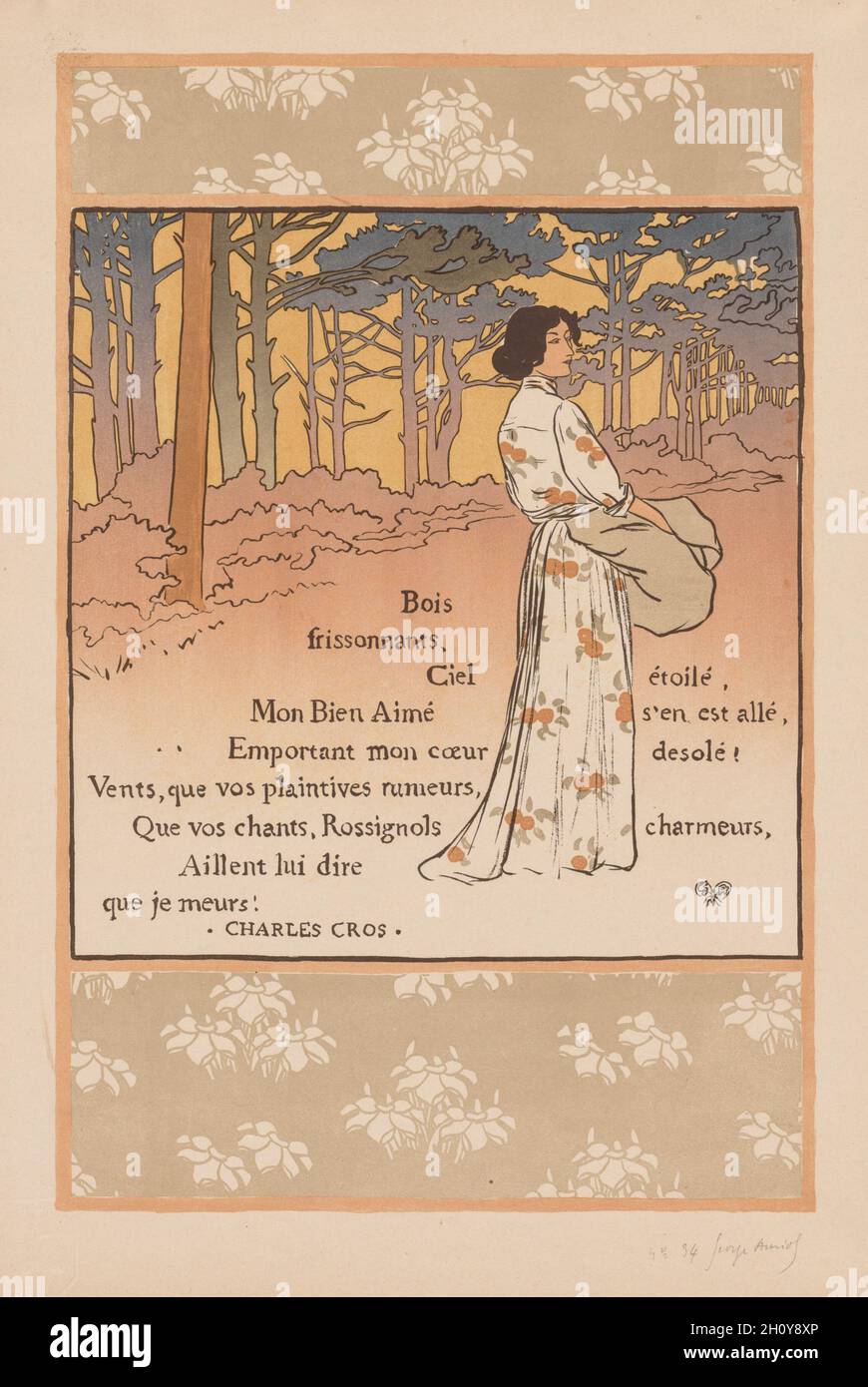 Trembling Woods, 1893. George Auriol (French, 1863-1938), L'Estampe originale, Album II. Lithograph, printed in color; sheet: 58.4 x 32.5 cm (23 x 12 13/16 in.); image: 49.7 x 32.5 cm (19 9/16 x 12 13/16 in.).  The coloration of the trees in the background, where the tone modulates from dark in the foliage to lighter and lighter in the trunks, was achieved with a technique borrowed from Japanese color woodcuts. The art of Japan is also apparent in the monochrome flower pattern above and below the image that imitates the silk scrolls on which paintings are hung. The poem, by Charles Cros, can b Stock Photo