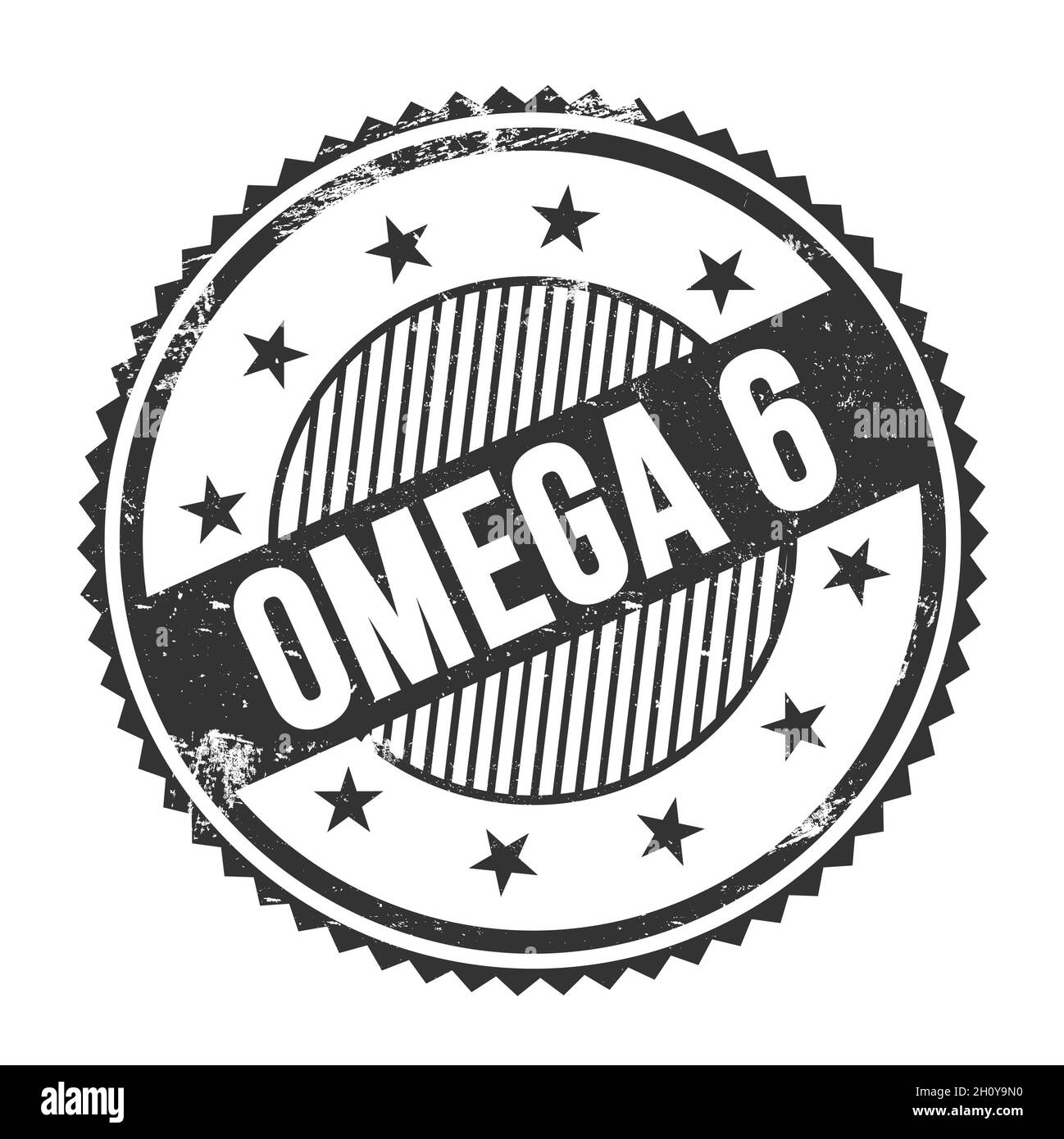 OMEGA 6 text written on black grungy zig zag borders round stamp. Stock Photo