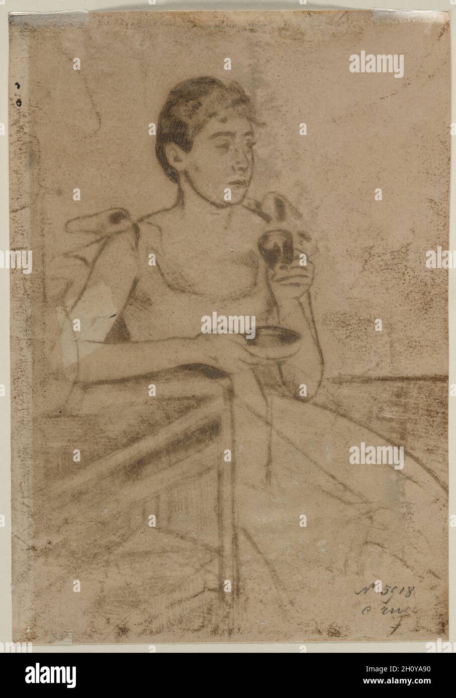 After-Dinner Coffee (verso), c. 1889. Mary Cassatt (American, 1844-1926). Transferred soft (etching) ground; sheet: 20 x 14 cm (7 7/8 x 5 1/2 in.).  Cassatt exhibited prints for the first time in 1880 at the fifth Impressionist exhibition. As the decade progressed, she continued to show her graphic work alongside pastels and paintings. In the spring of 1890, at the Deuxième Exposition de Peintres-Graveurs, she showed a group of drypoints, remarkable in their delicacy and precision, as well as a group of prints made with a combination of aquatint and softground etching that appeared quickly dra Stock Photo