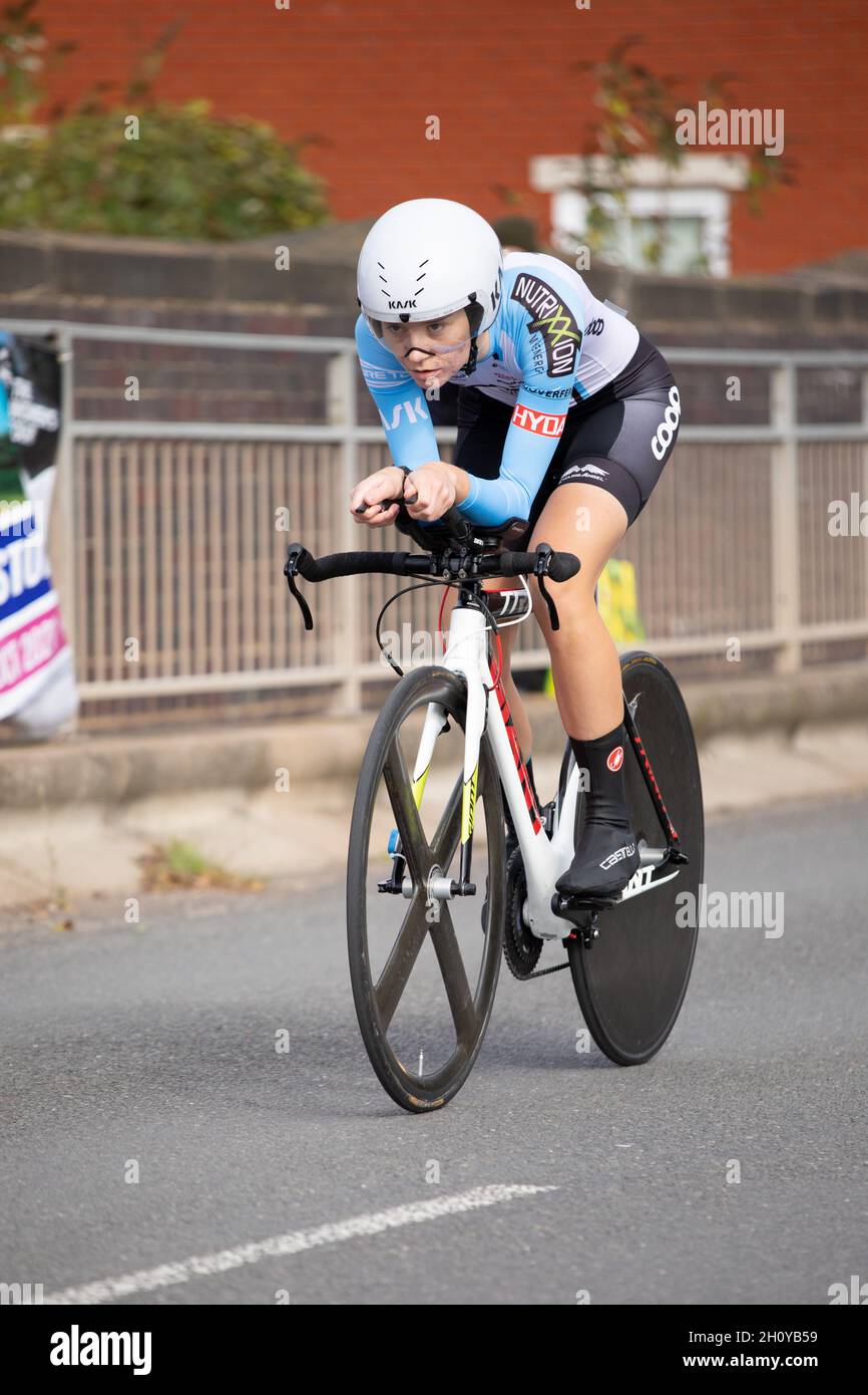 Mari Mohr riding for Team Coop-Hitec Products taking part in the AJ Bell Women's Tour 2021. The first ever time trial in Atherstone. Stock Photo