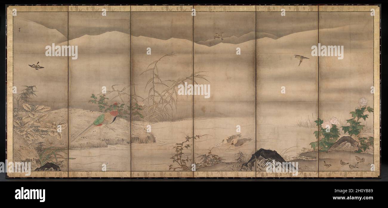 Birds and Flowers in a Landscape of the Four Seasons, second half of the 1500s. Follower of Sesshū Tōyō (Japanese, 1420-1506). Six-panel folding screen, ink and color on paper; image: 158.5 x 359.4 cm (62 3/8 x 141 1/2 in.); panel: 62.8 cm (24 3/4 in.); including mounting: 174.6 x 281 cm (68 3/4 x 110 5/8 in.).  The monk-painter Sesshp is revered today, as he was in his own time. While he left Kyoto's sophisticated intel-lectual and cultural environment to live in a provincial village in a far western province, he seems never to have severed contacts with the monastic communities of his young Stock Photo