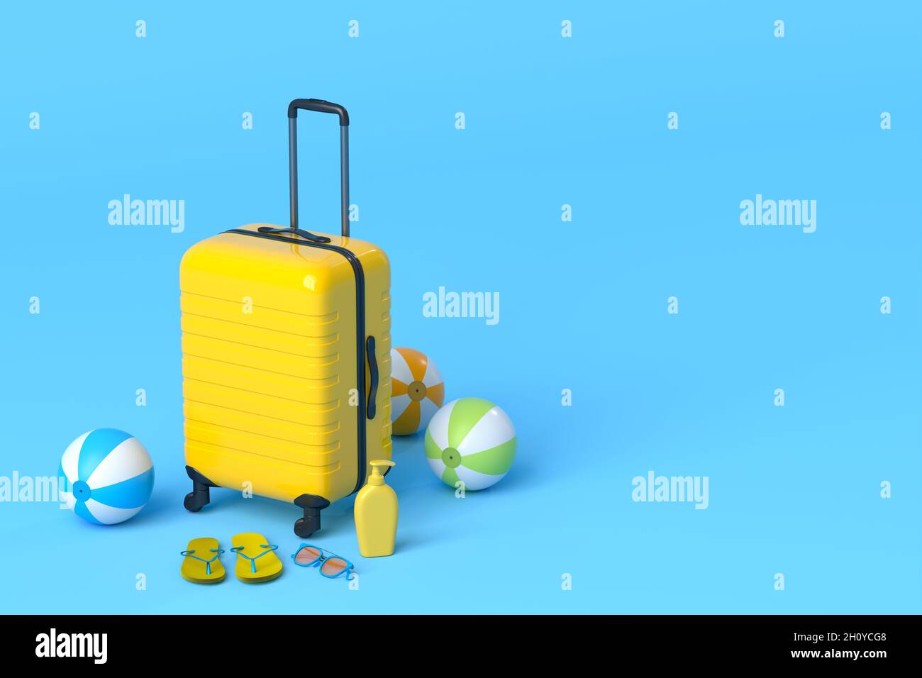 Colorful suitcase or baggage with beach accessories on blue background. Stock Photo