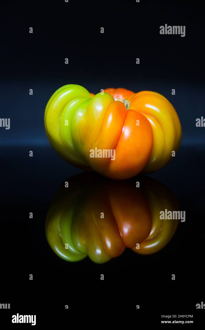 Close-up of a Valencian tomato (Spain) in vivid red and green colors on a dark background reflected on the dark surface on which it is located Stock Photo