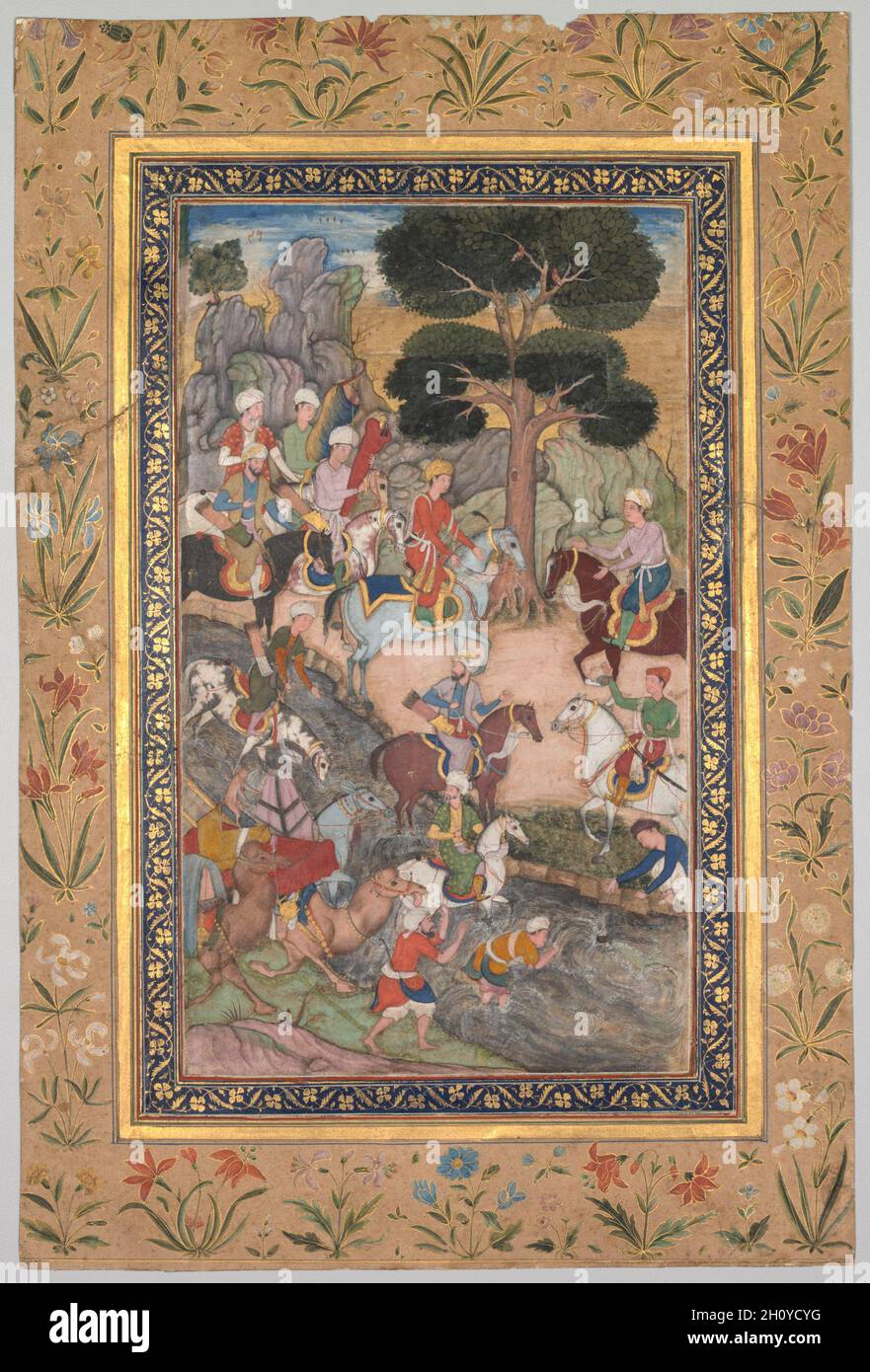 Babur meeting with Sultan Ali Mirza at the Kohik River, from a Babur-nama (Memoirs of Babur), c. 1590. India, Mughal school, 16th century. Opaque watercolor and gold on paper; image: 28 x 16.5 cm (11 x 6 1/2 in.); overall: 41 x 27.1 cm (16 1/8 x 10 11/16 in.).  Thirty years before he captured Delhi and founded the Mughal Empire, Babur began his expansionist activities at the age of 13, as depicted in this painting of an encounter that took place in 1496. Having traveled long distances across harsh dry terrain, Babur confronted one of his rivals who, like him, was angling to march on and conque Stock Photo