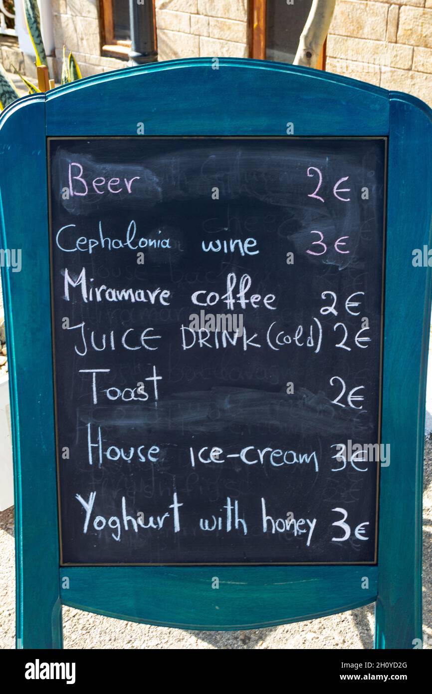 bar/pub menu prices. blackboard sign. . Argostoli  Cephalonia Greek Islands Stock Photo