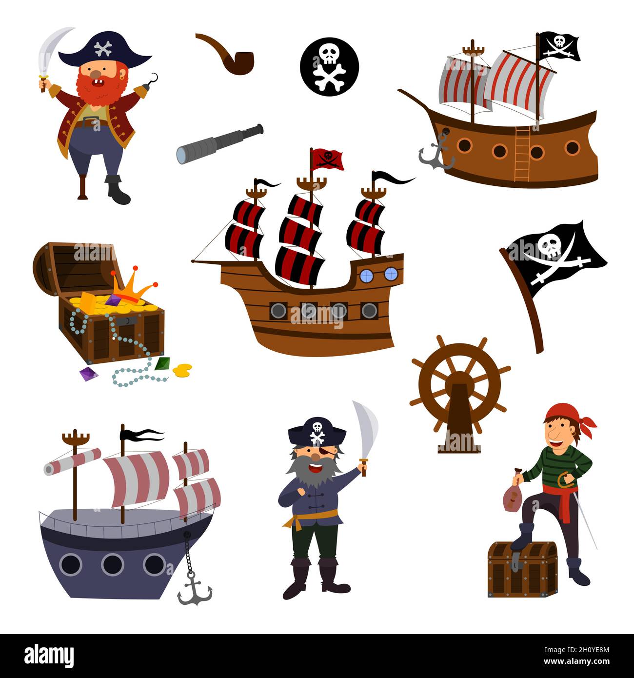 a set of charming pirates, a sailing ship, a treasure chest. Children's vector illustration in a flat cartoon style Stock Vector