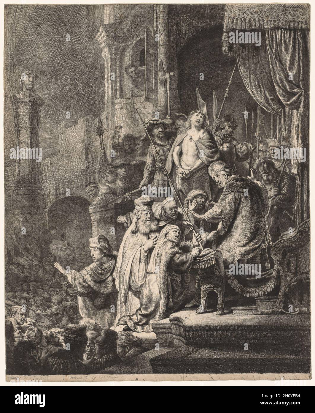 Christ Before Pilate: Large Plate, 1636. Rembrandt van Rijn (Dutch, 1606-1669). Etching and engraving; sheet: 55.5 x 45.2 cm (21 7/8 x 17 13/16 in.). Stock Photo