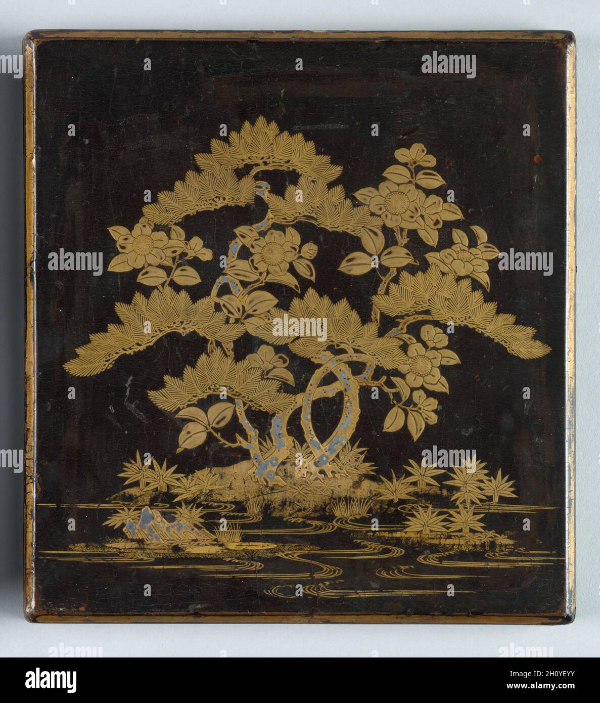 Japanese Suzuribako Box with Gold and Silver Raised Depiction of River Scene Japanese Suzuribako Box with Gold and Silver Raised Depiction of River Scene